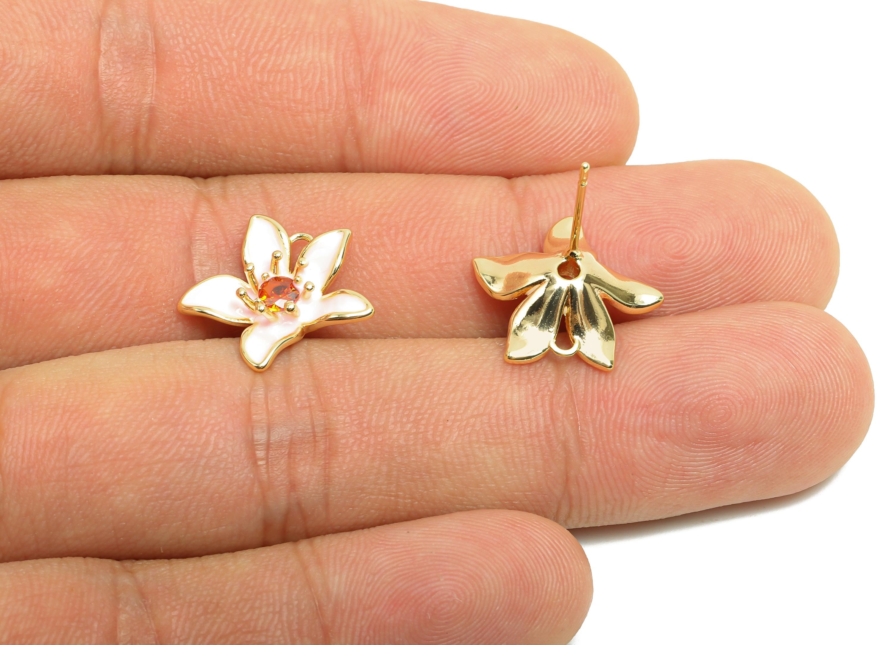 Brass Flower Earring Stud - Brass Pink Enamel Earring Post - Gold Jewelry - Zircon Earring Post - 18K Real Gold Plated - 15x15x5mm - RGP9974 - DOMEDBAZAAR