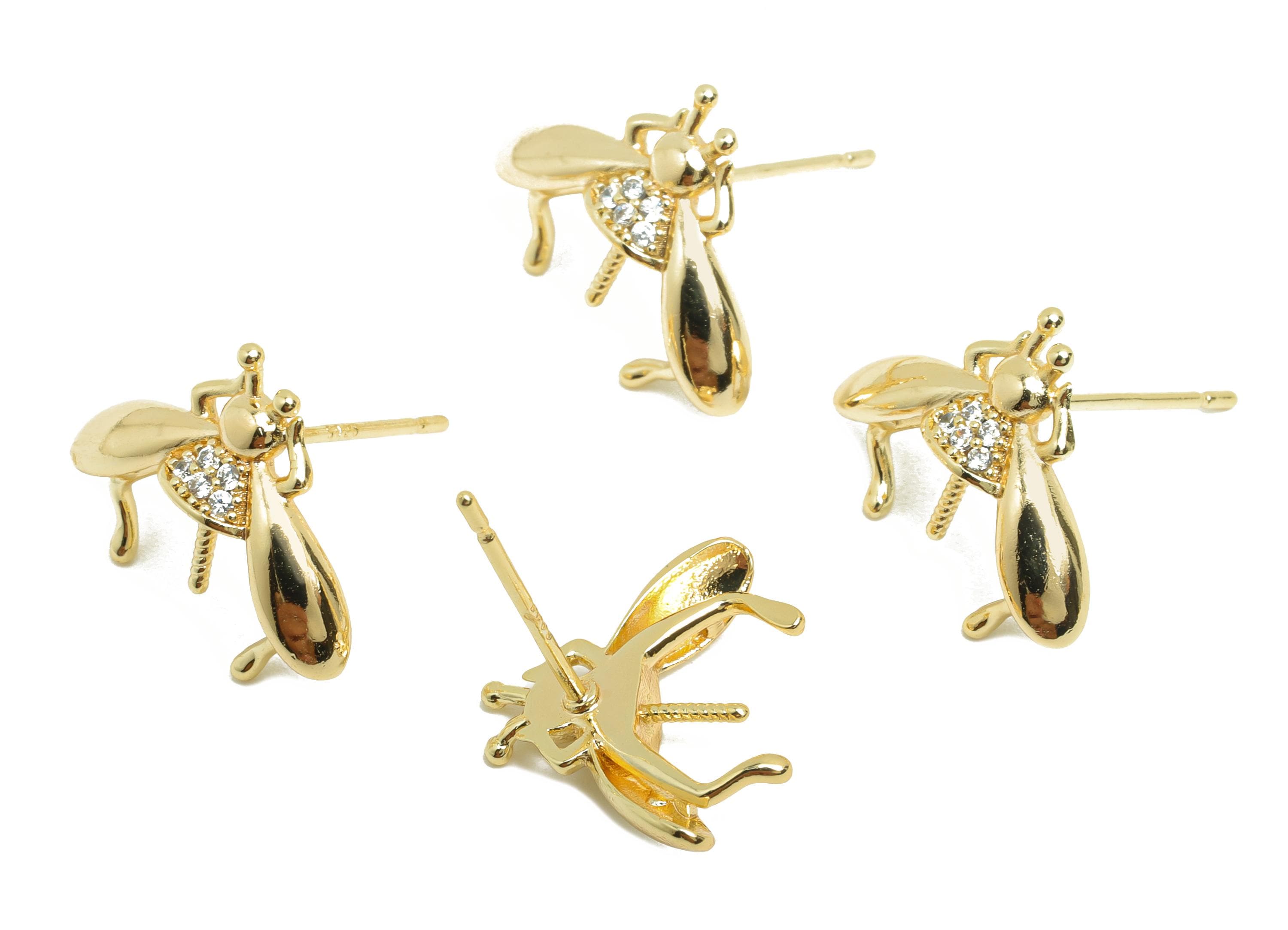 Brass CZ Bee Earring Stud - Zircon Earring Post For Pearl - Gold Jewelry - Pearl Setting Post - 18K Real Gold Plated - 15x12x4mm - RGP9973 - DOMEDBAZAAR