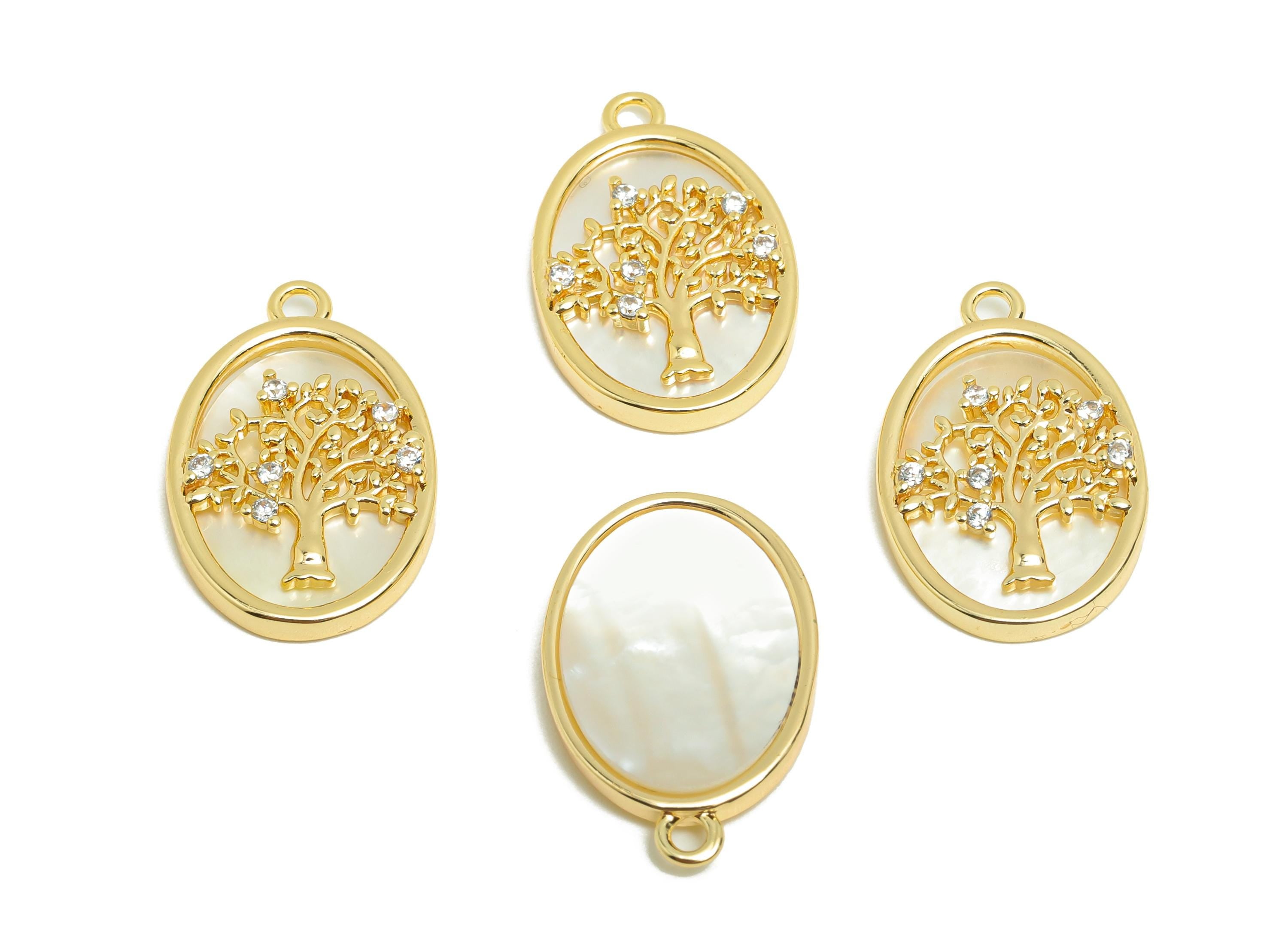 Brass Shell Earring Charm - Brass Cubic Zircon Tree Charm - Vintage Charm - Zircon Pendant - 18K Real Gold Plated - 20x13x2mm- RGP9998 - DOMEDBAZAAR