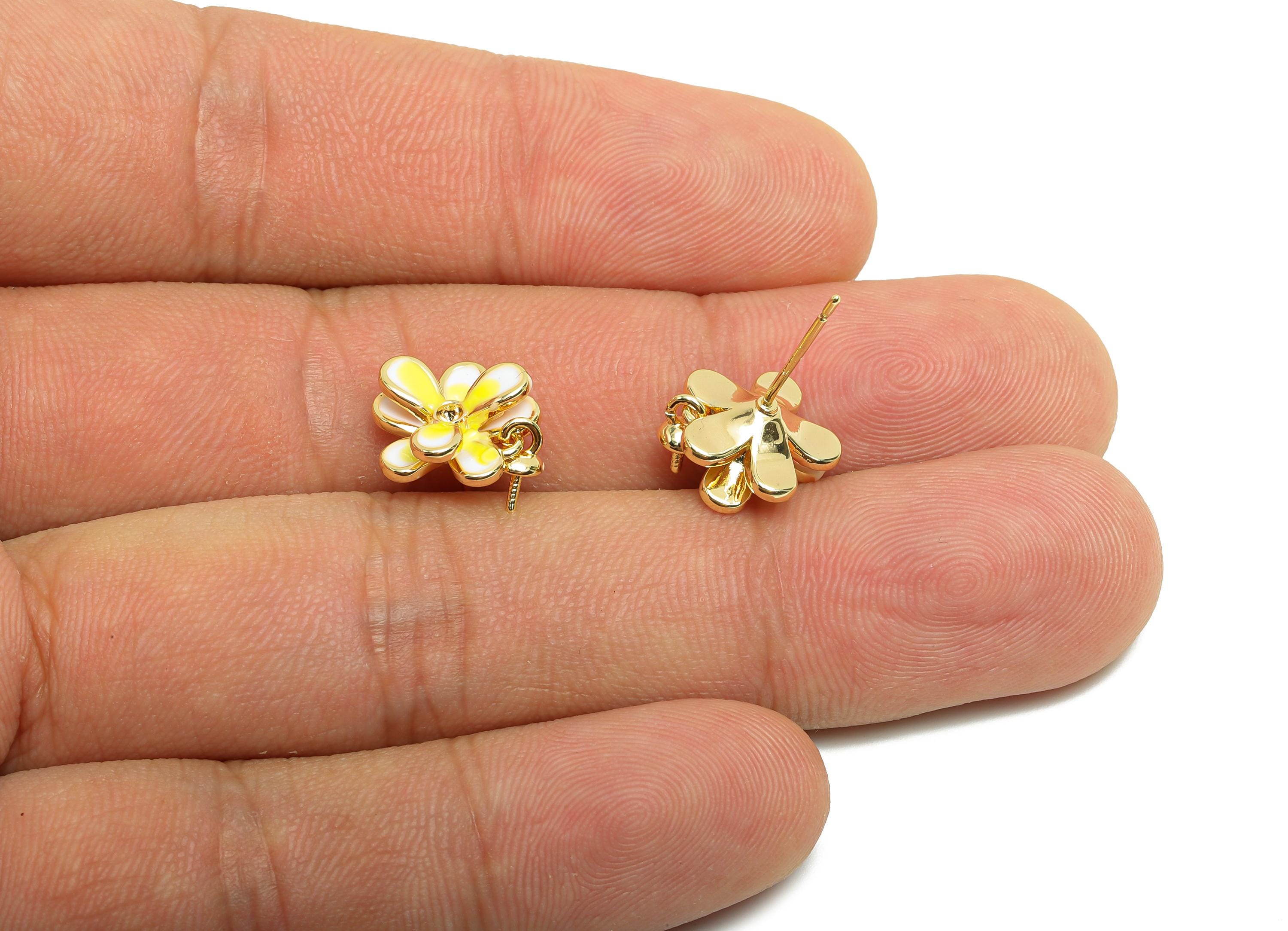 Brass Flower Earring Stud - Brass Enamel Earring Post - Gold Jewelry - Brass Pearl Setting - 18K Real Gold Plating - 14x11.7x4.5mm - RGP9978 - DOMEDBAZAAR