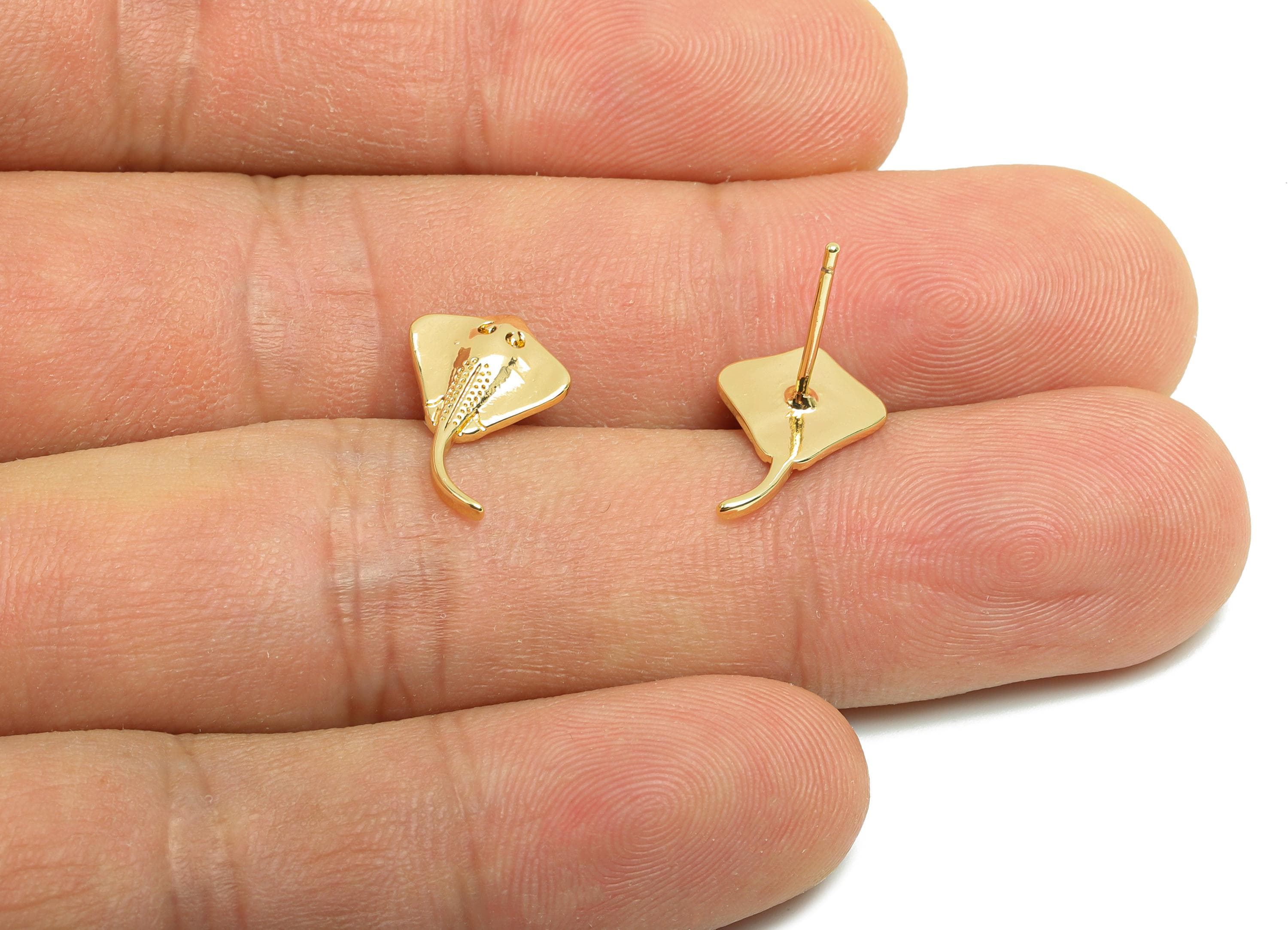 Brass Fish Earring Stud - Brass Marine Fish Earring Post - Gold Jewelry - Silver Post - 18K Real Gold Plating - 14.8x10x1.9mm - RGP10003 - DOMEDBAZAAR