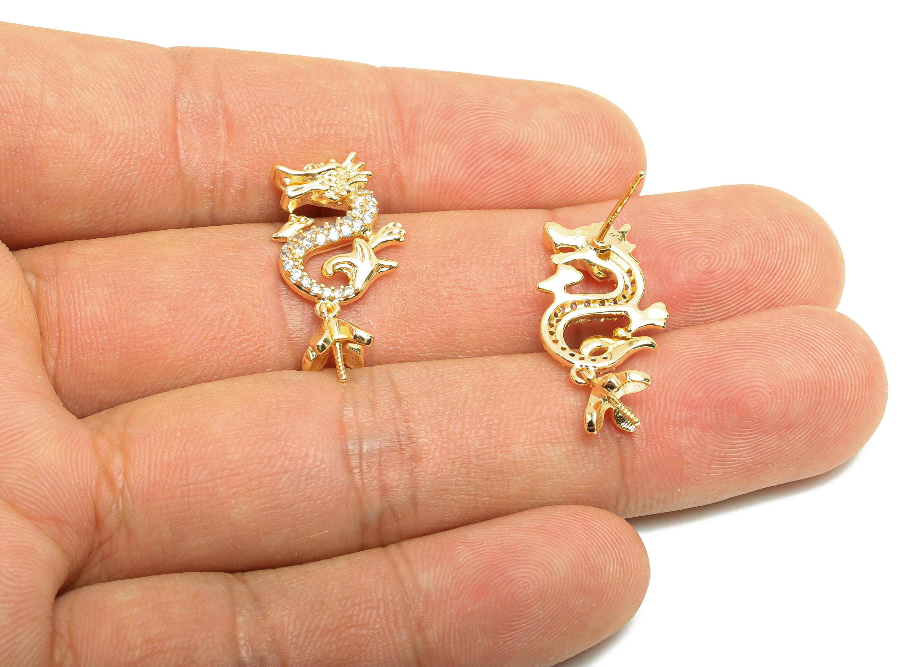 Brass CZ Earring Stud - Brass Zircon Dragon Earring Post - Pearl Setting Post - Gold Jewelry - 18K Real Gold Plating - 25x12x5mm - RGP9988 - DOMEDBAZAAR