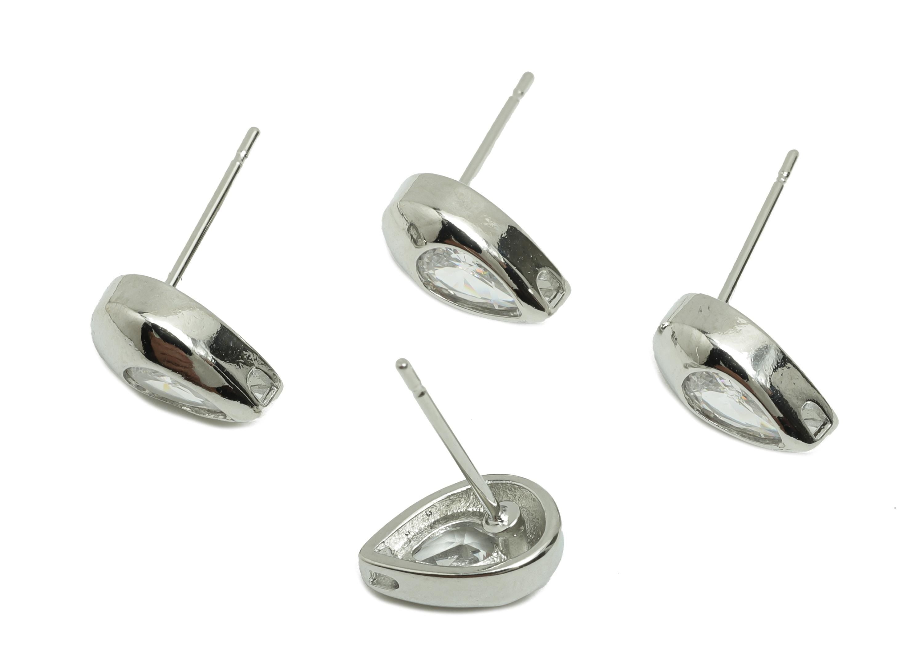 Brass CZ Earring Stud - Brass Zircon Teardrop Earring Post - Geometry Post - Gold Jewelry - 18K Real White Gold Plating - 10x6x4mm - RGP9986 - DOMEDBAZAAR