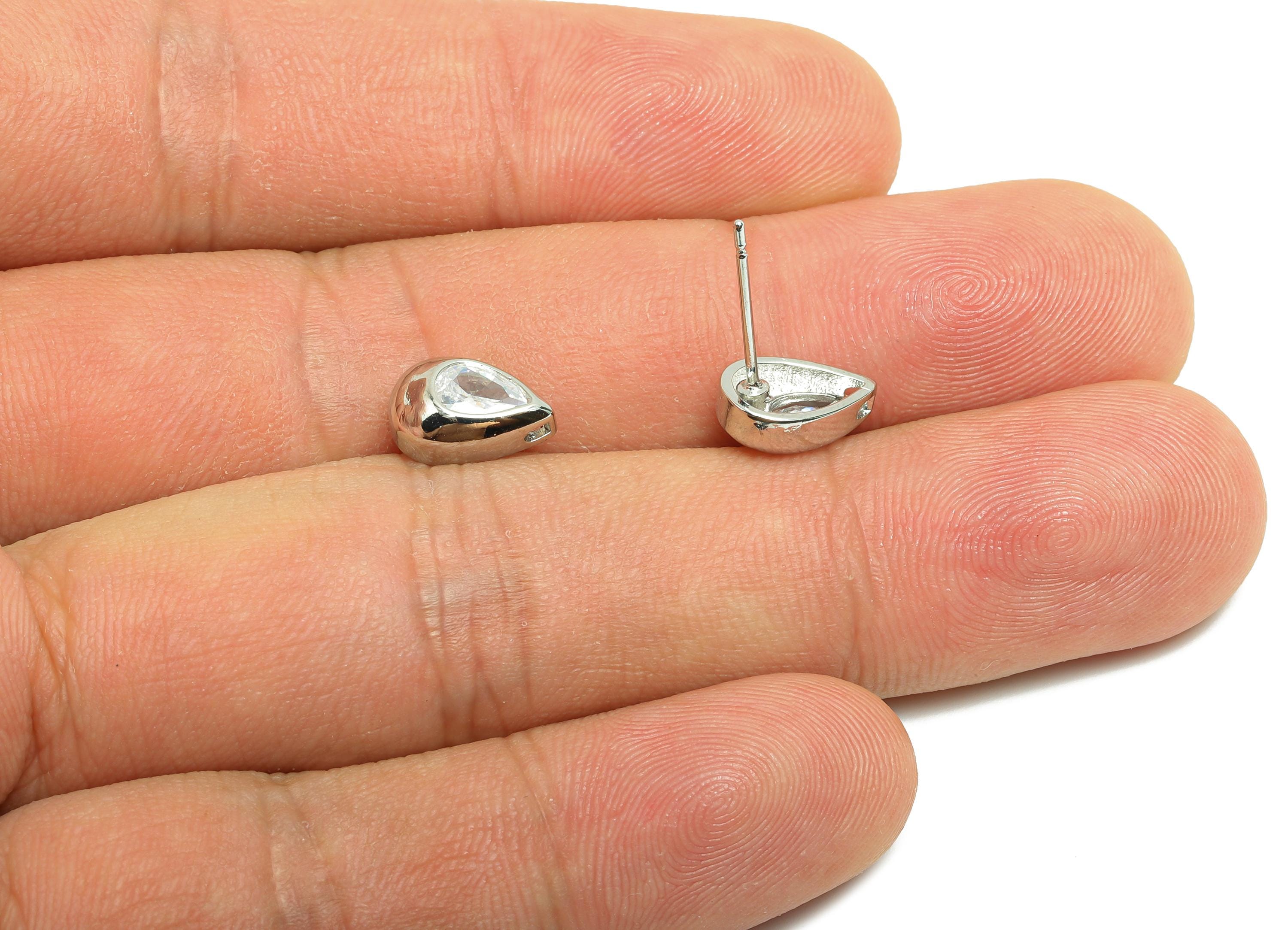 Brass CZ Earring Stud - Brass Zircon Teardrop Earring Post - Geometry Post - Gold Jewelry - 18K Real White Gold Plating - 10x6x4mm - RGP9986 - DOMEDBAZAAR
