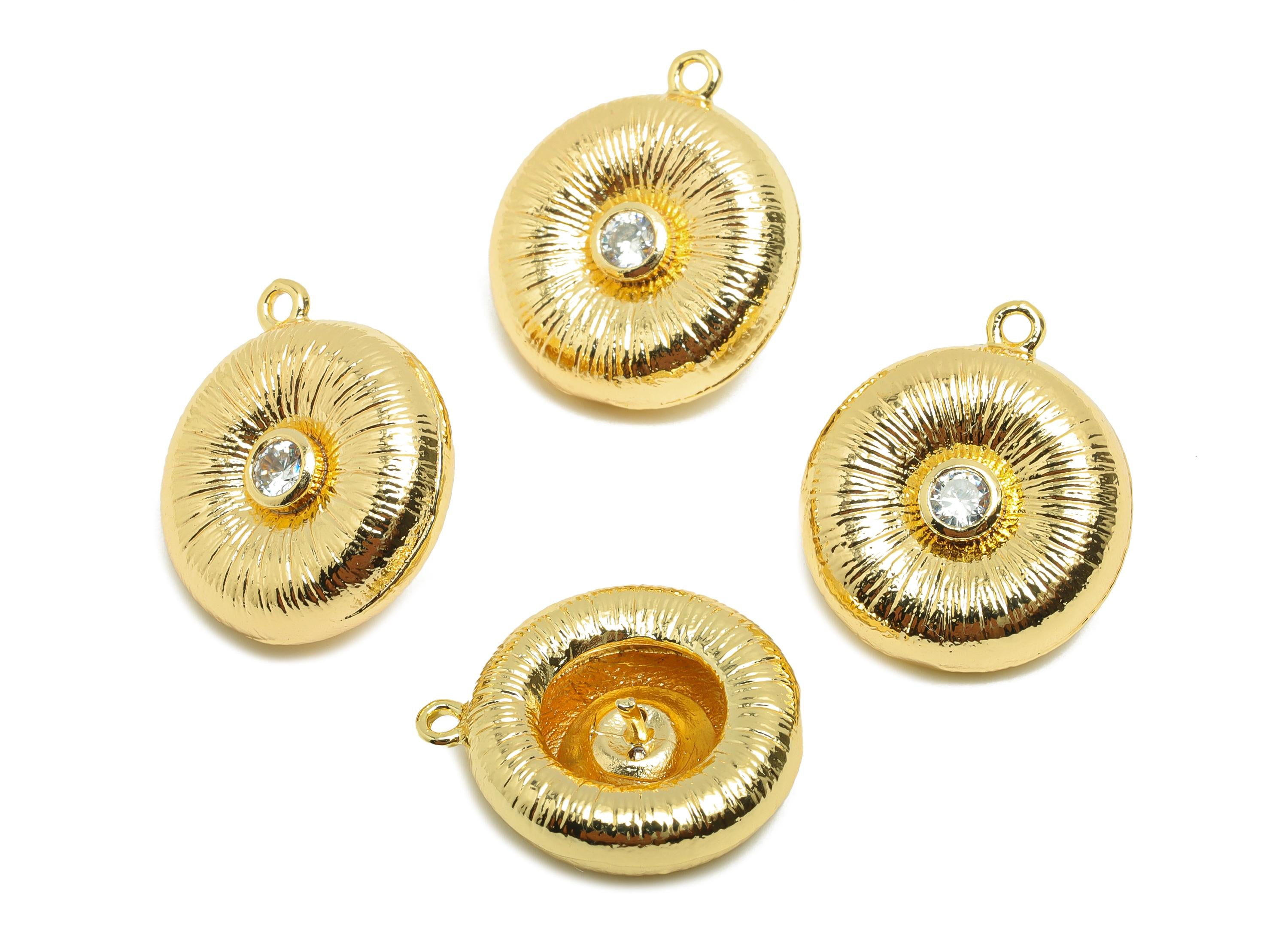 Brass CZ Earring Charm - Brass Textured Round Charm - Pearl Setting - Brass Zircon Pendant - 18K Real Gold Plating -19.8x17.3x5mm - RGP9997 - DOMEDBAZAAR