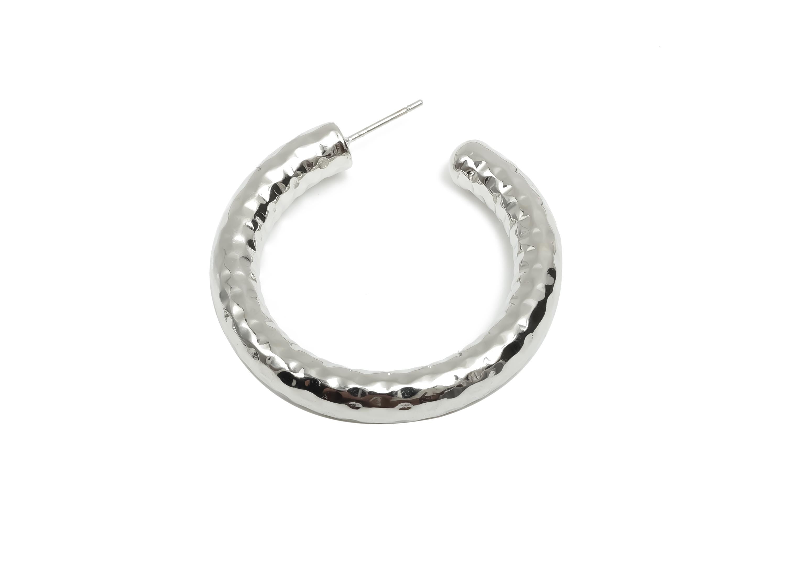 Brass Hoop Earring Stud - Thick Open Hoop Earring Post - Brass Textured Hoop Earring Post - 18K Real White Gold Plating - 40x39x6mm -RGP8112 - DOMEDBAZAAR