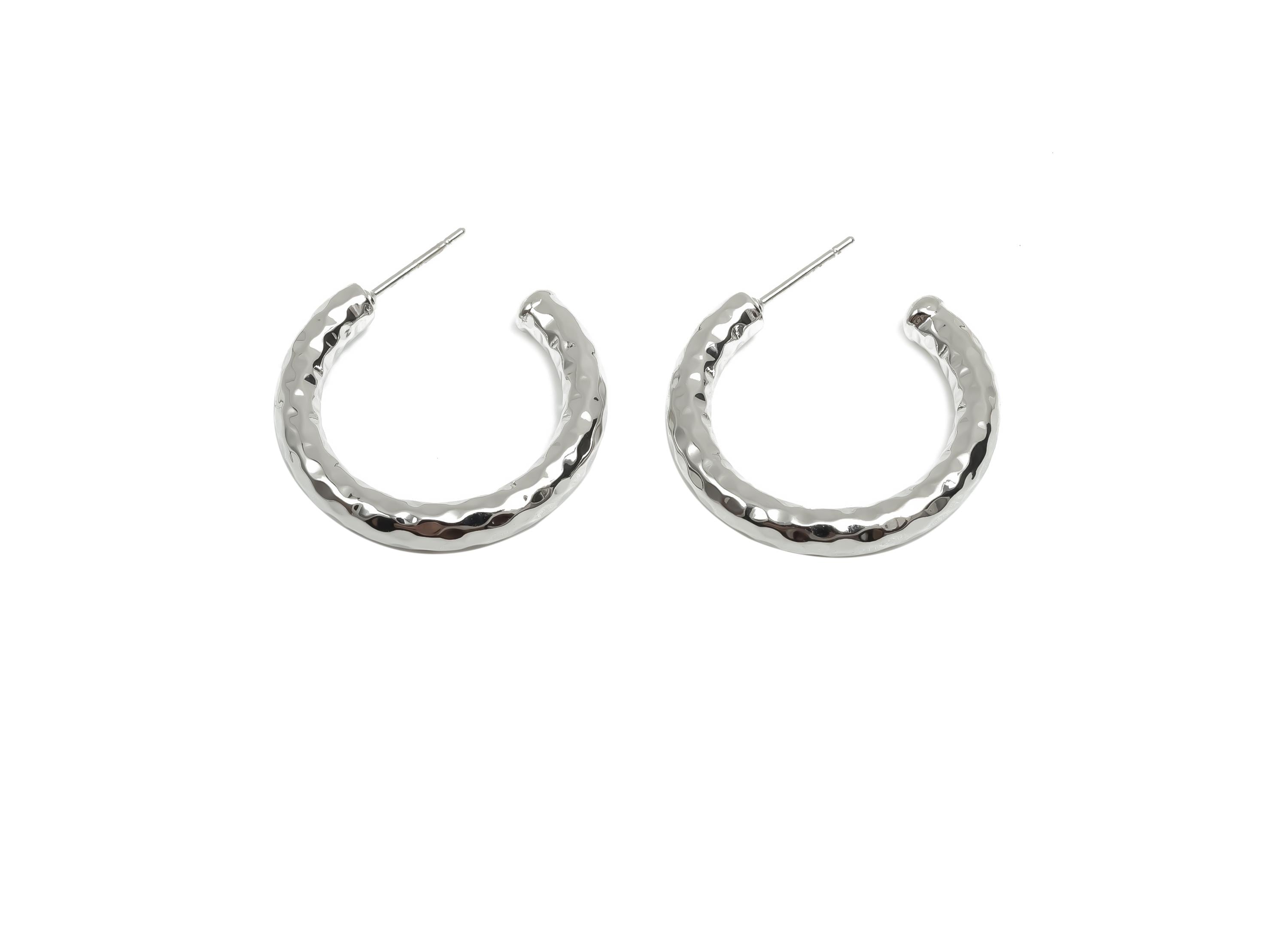Brass Hoop Earring Stud - Thick Open Hoop Earring Post - Textured Hoop Earring Post - 18K Real White Gold Plating - 30x27x3.94mm - RGP8109 - DOMEDBAZAAR