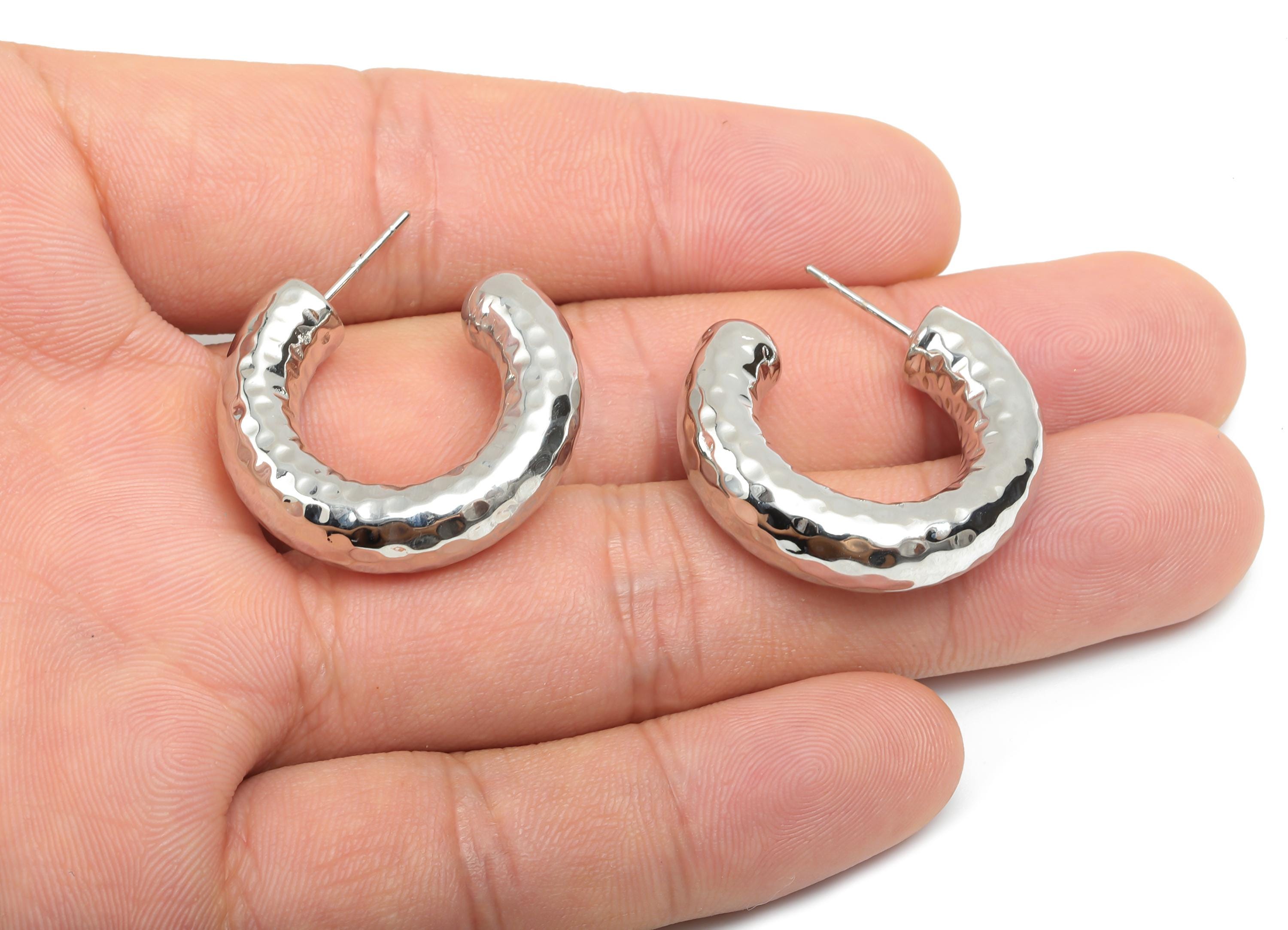 Brass Hoop Earring Stud - Thick Open Hoop Earring Post - Textured Hoop Earring Post - 18K Real White Gold Plating - 30x28x7.1mm - RGP8110 - DOMEDBAZAAR