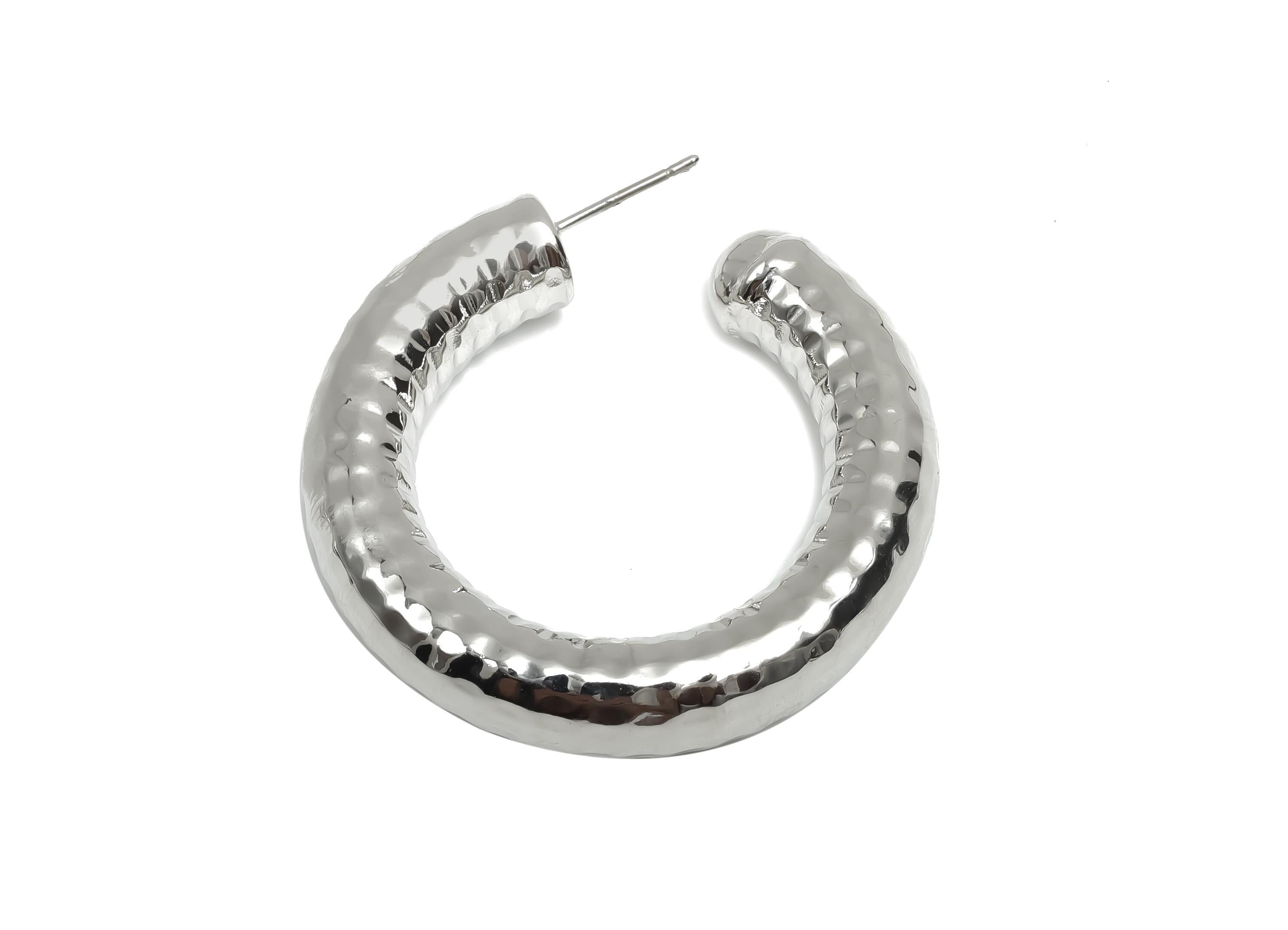Brass Hoop Earring Stud - Thick Open Hoop Earring Post - Textured Hoop Earring Post - 18K Real White Gold Plating - 40x40x8mm - RGP8111 - DOMEDBAZAAR