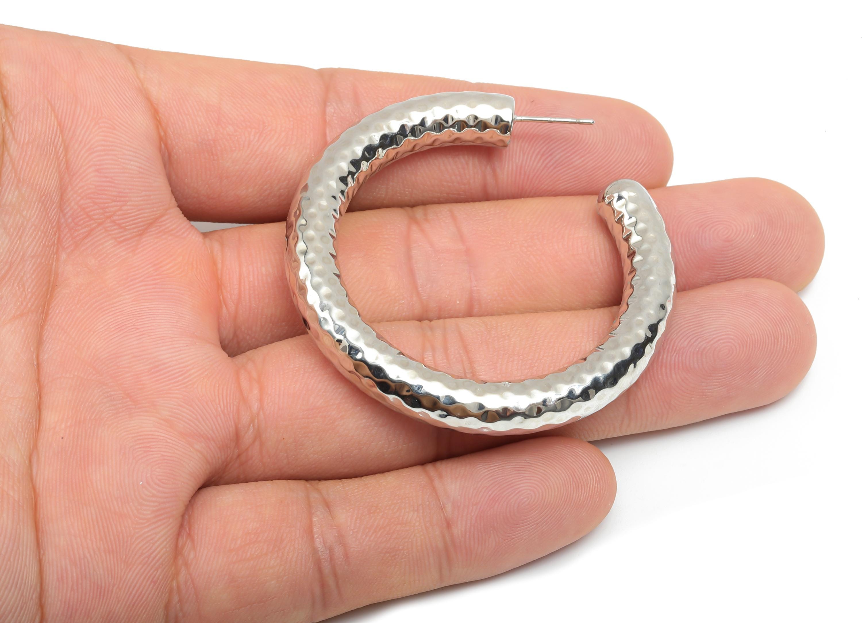 Brass Hoop Earring Stud - Thick Open Hoop Earring Post - Textured Hoop Earring Post - 18K Real White Gold Plating - 51.45x50x6mm - RGP8108 - DOMEDBAZAAR