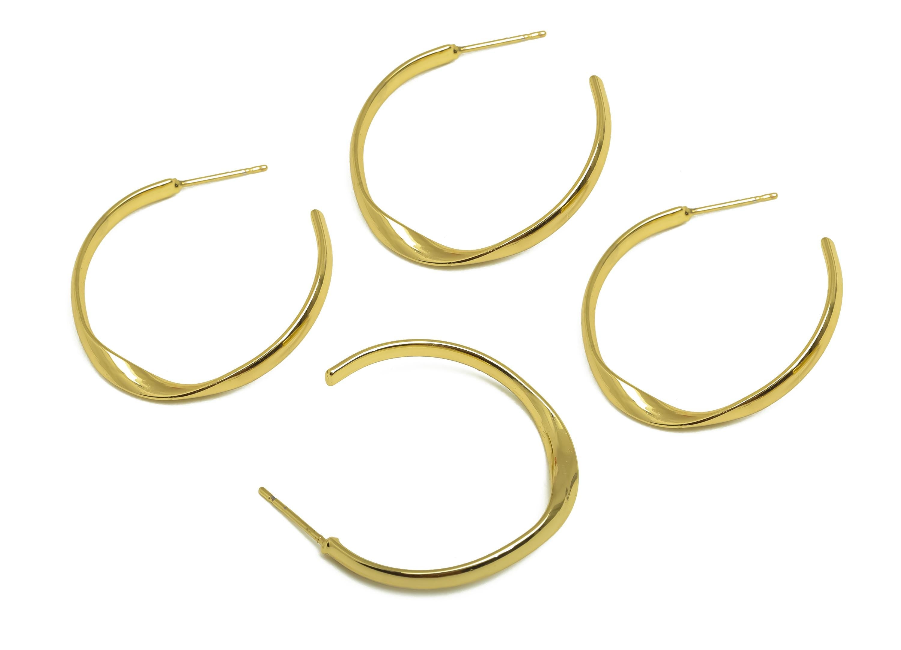 Brass C Hoop Earring - Gold Twisted Open Round Ear Stud - Open Circle Wave Earring Post - 18K Real Gold Plating - 33x29.47x1.42mm - RGP7956 - DOMEDBAZAAR