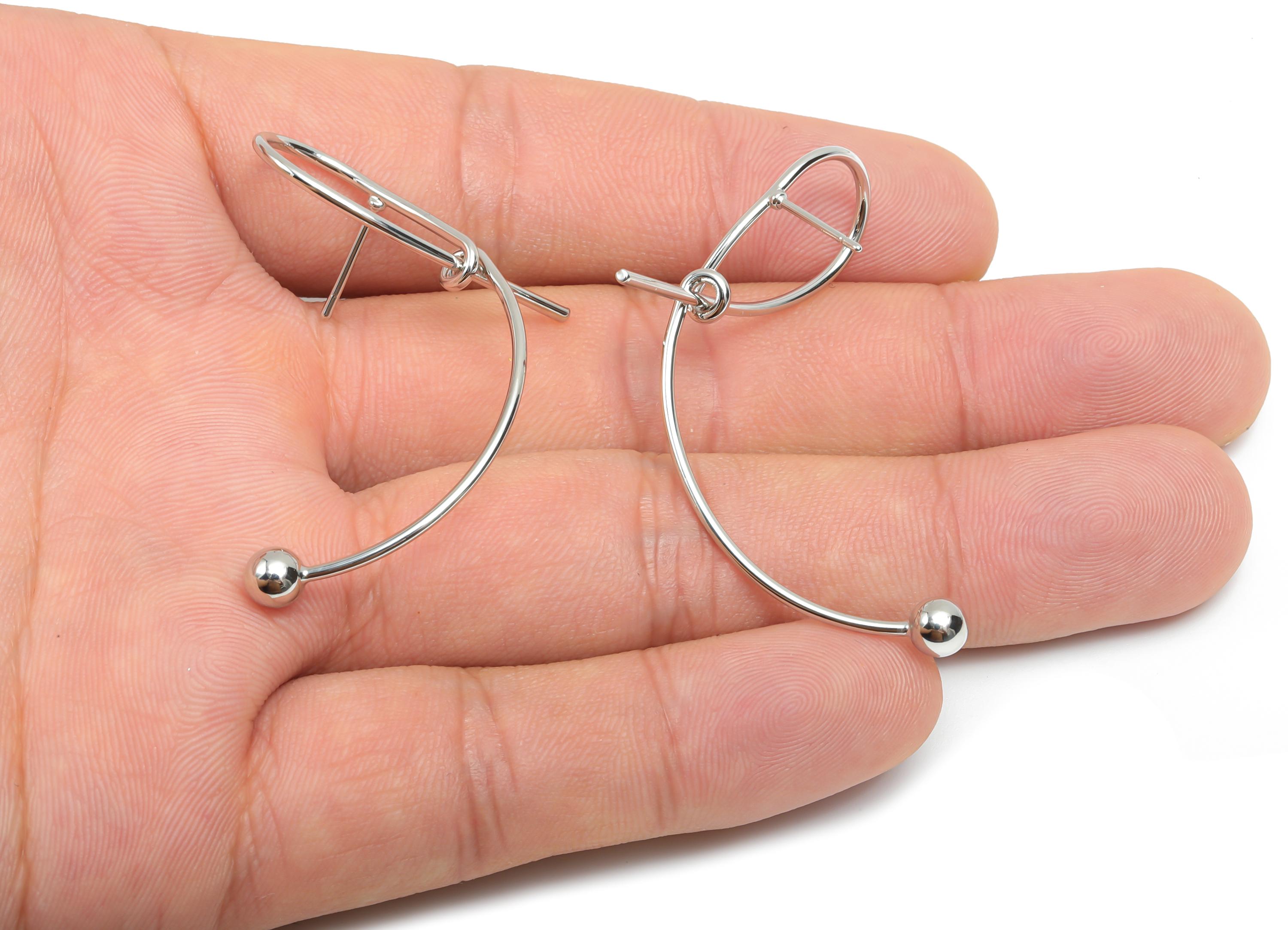 Brass Knot Wire Earring Stud - Bent Ball Wire Earring Post - Curved Bead Earring Post - 18K Real White Gold Plating - 44x25x1.06mm - RGP8096 - DOMEDBAZAAR