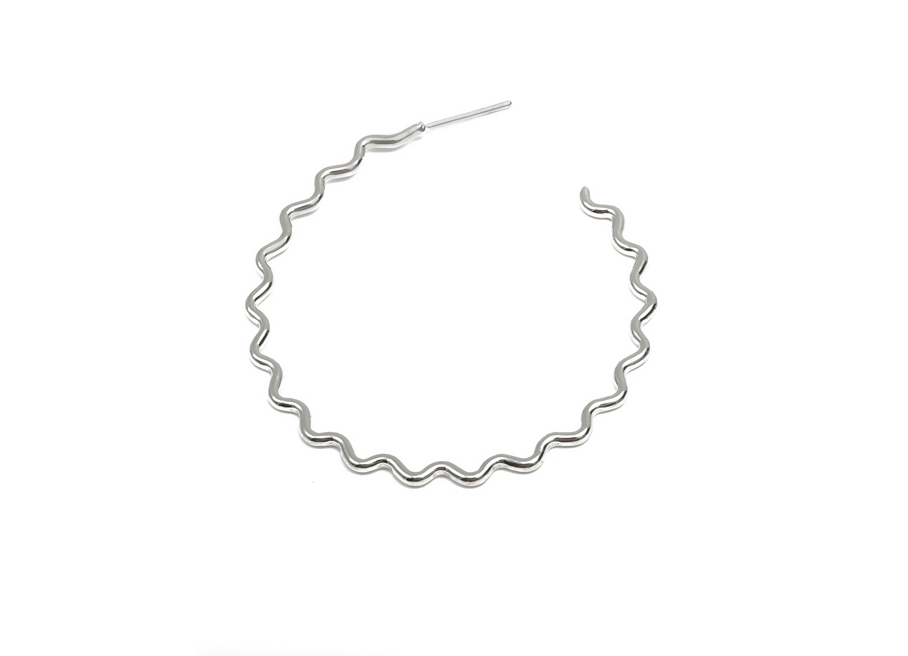 Brass Hoop Earring Stud - Brass Open Hoop Earring Post - Brass Wavy Hoop Earring Post - 18K Real White Gold Plated - 46x44x1.38mm - RGP8101 - DOMEDBAZAAR