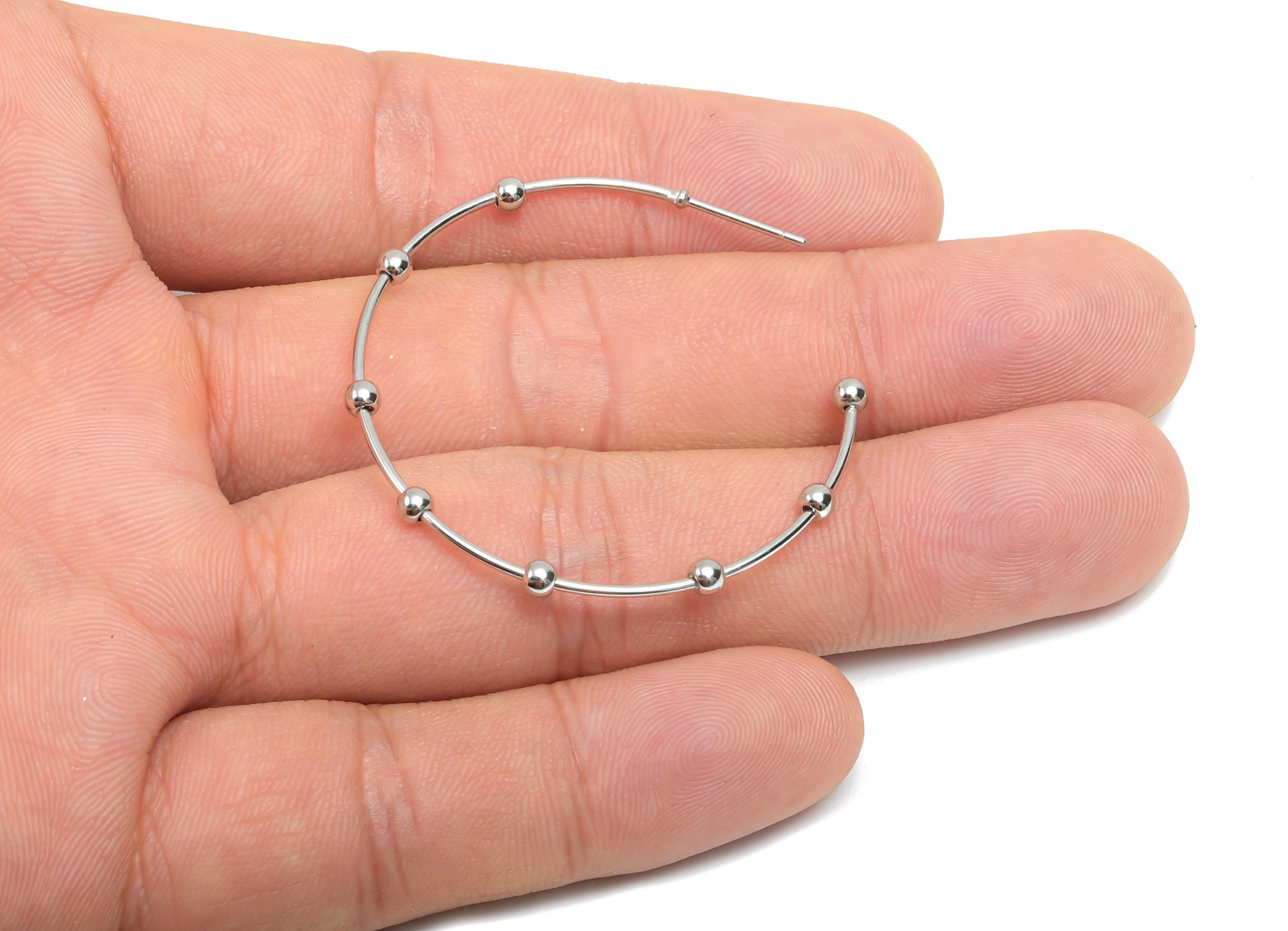 Brass Hoop Earring Stud - Brass Open Hoop Earring Post - Geometry Beaded Hoop Earring Post - 18K Real White Gold Plated - 41x40x2mm -RGP8098 - DOMEDBAZAAR