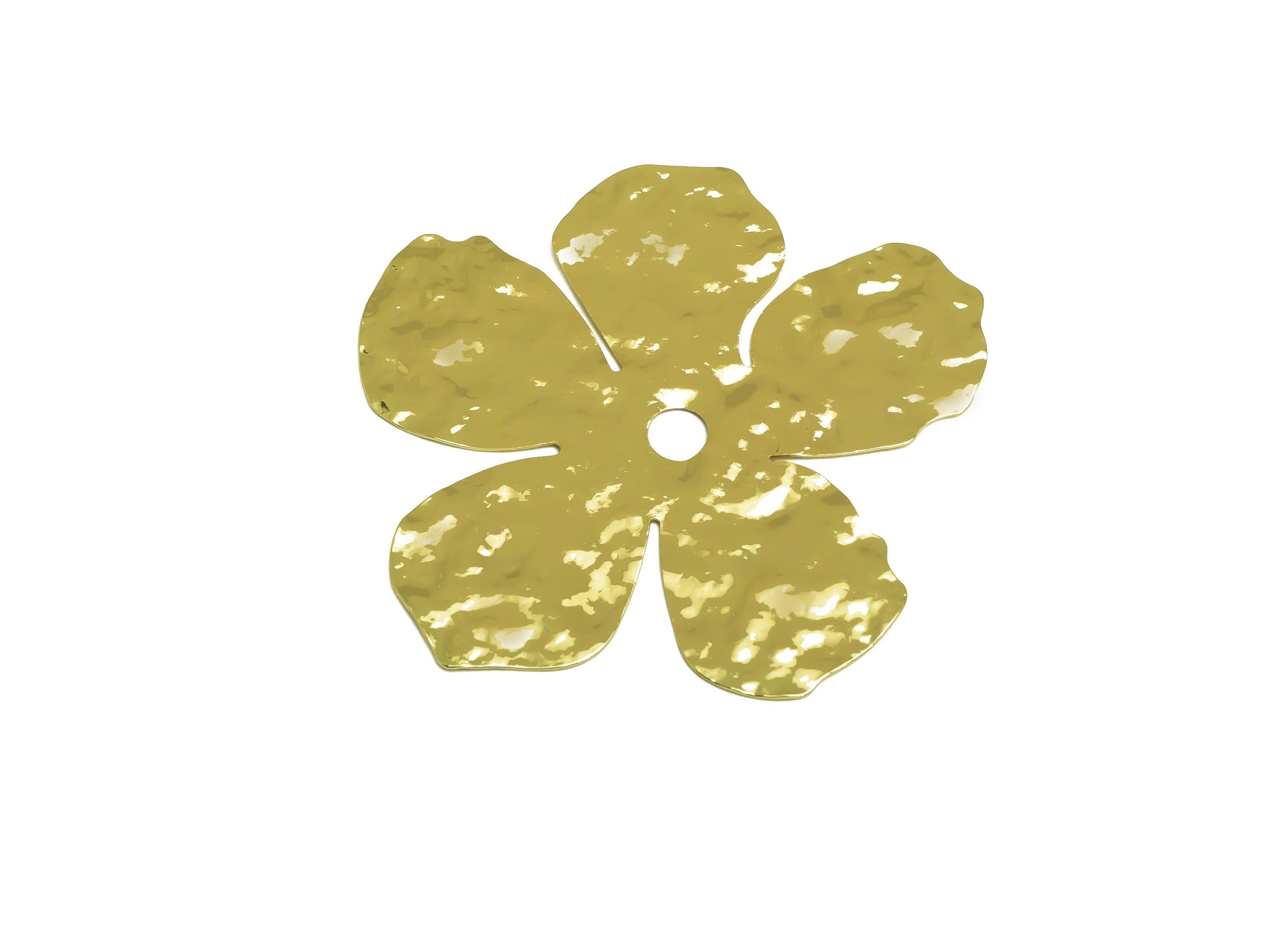 Brass Flower Ear Charm - Gold Hammered Flower Charm - Botanical Hammered Flower Pendant - 18K Real Gold Plated - 67.45x65.9x0.77mm - RGP7975 - DOMEDBAZAAR