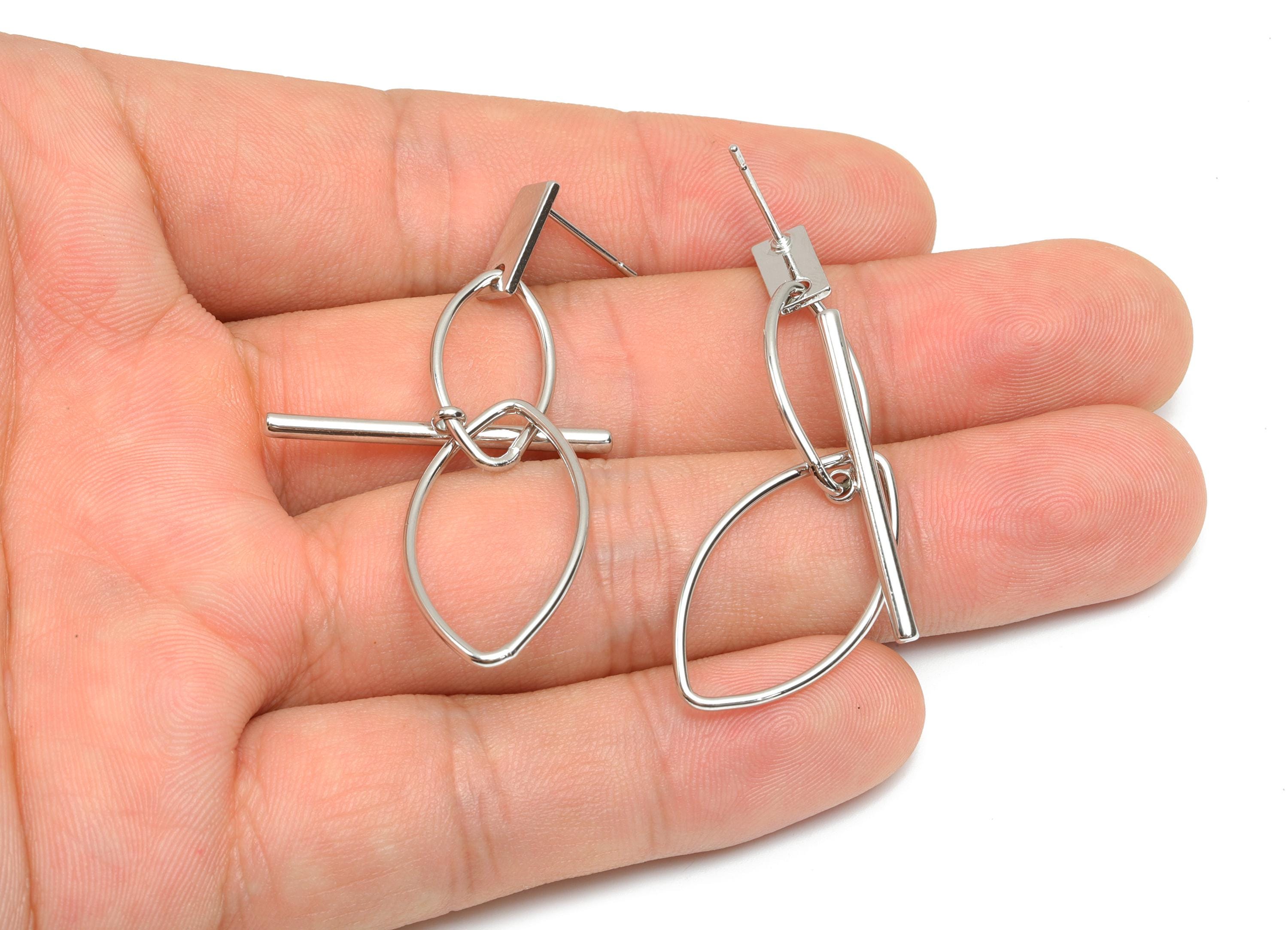 Brass Dangle Wire Earring Post - Brass Marquise Earring Post - Interlock Earring Post - 18K Real White Gold Plating - 52x14x1mm - RGP8057 - DOMEDBAZAAR