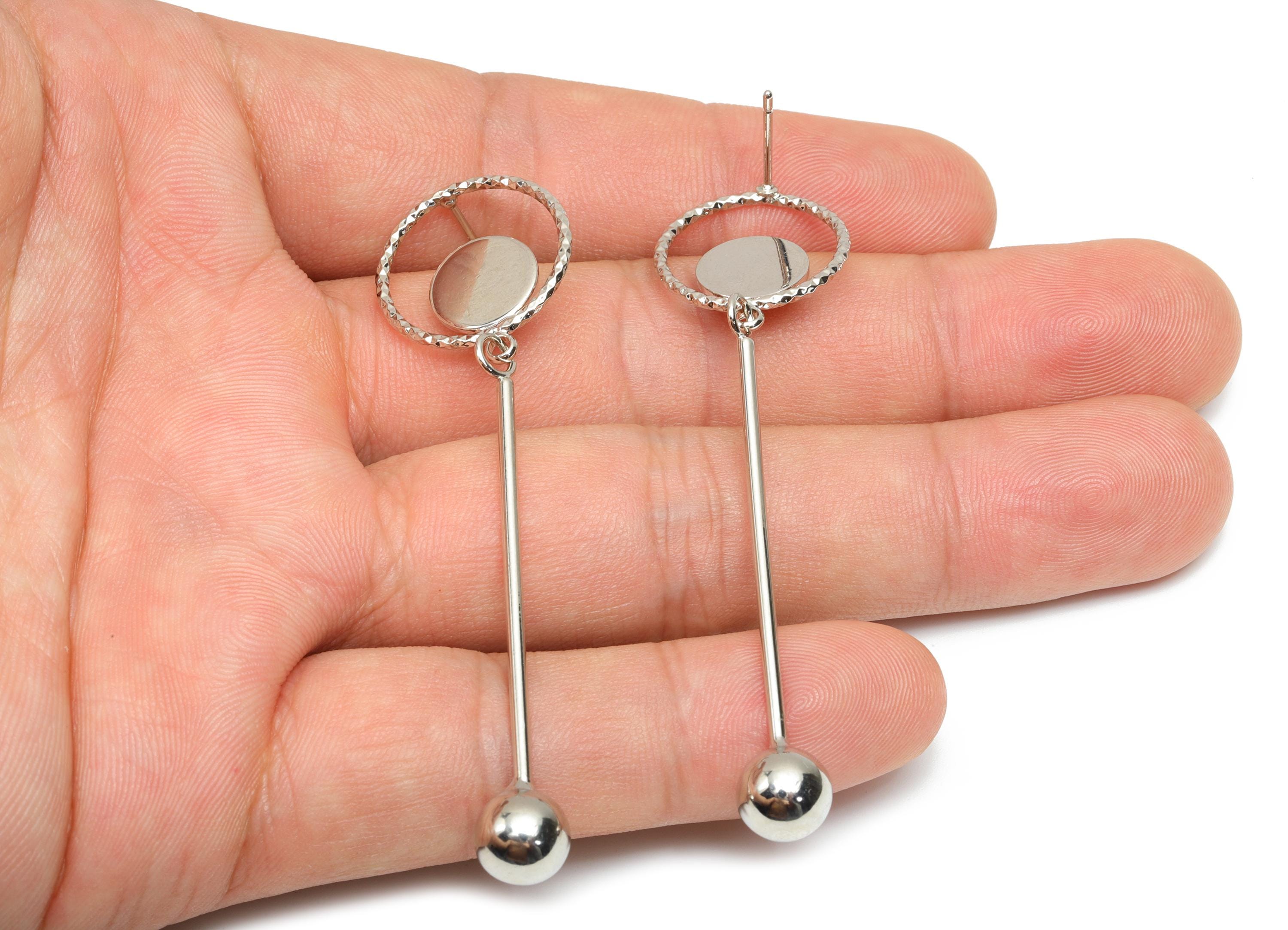 Brass Ball Dangle Wire Earring Post - Brass Textured Earring Post - Dangle Earring Post - 18K Real White Gold Plating - 70x17x1mm -RGP8067 - DOMEDBAZAAR