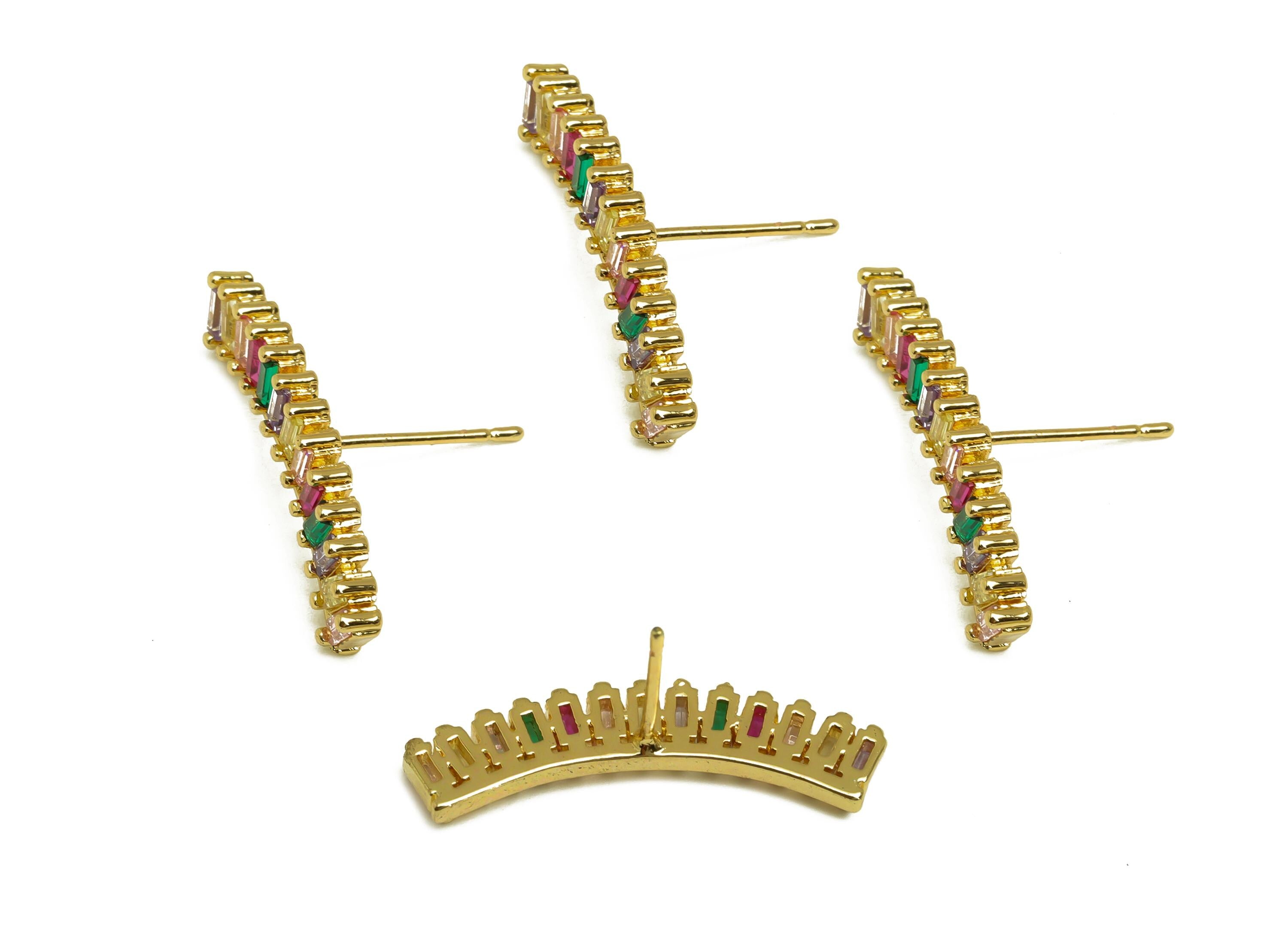 Brass Rainbow Earring Post - Gold Zircon Curved Rainbow Ear - CZ Textured Earring Stud - 18K Real Gold Plated - 16x25.12x2.47mm - RGP7988 - DOMEDBAZAAR