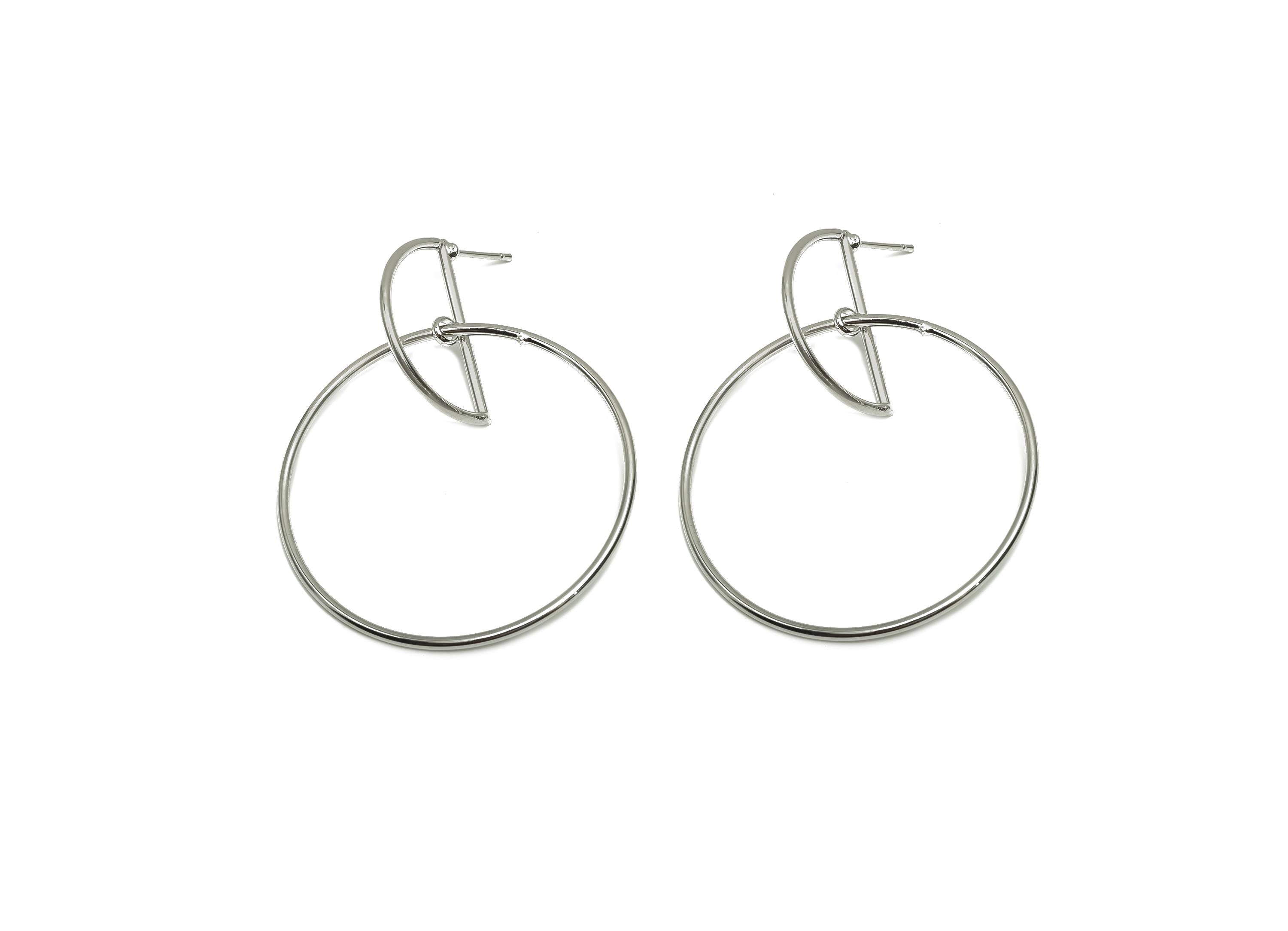 Interlocking Geometry Dangle Earring - Brass Half Moon Earring Stud - Circle Earring Post - 18K Real White Gold Plating - 58x44x2mm -RGP8053 - DOMEDBAZAAR