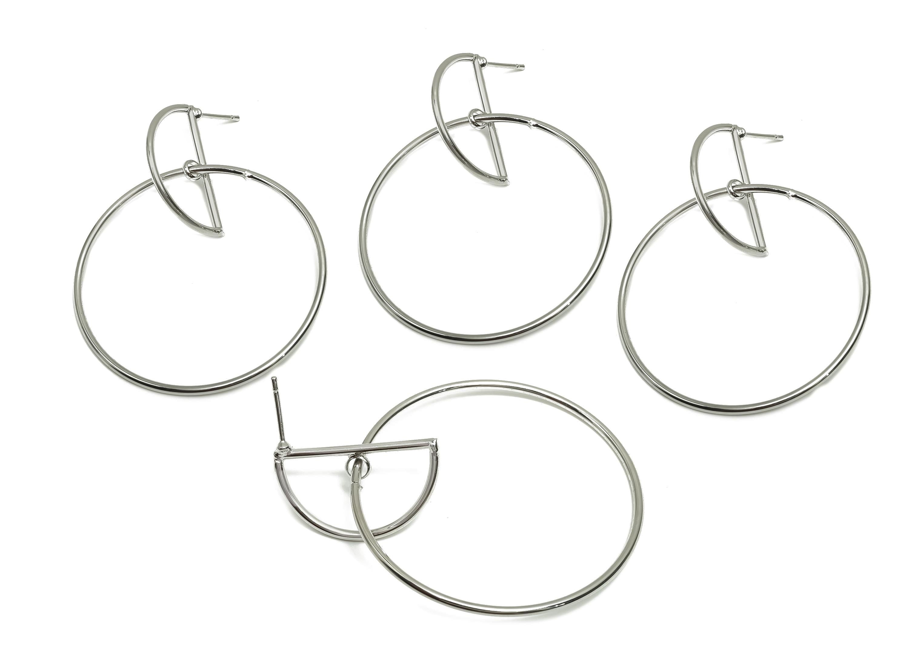 Interlocking Geometry Dangle Earring - Brass Half Moon Earring Stud - Circle Earring Post - 18K Real White Gold Plating - 58x44x2mm -RGP8053 - DOMEDBAZAAR