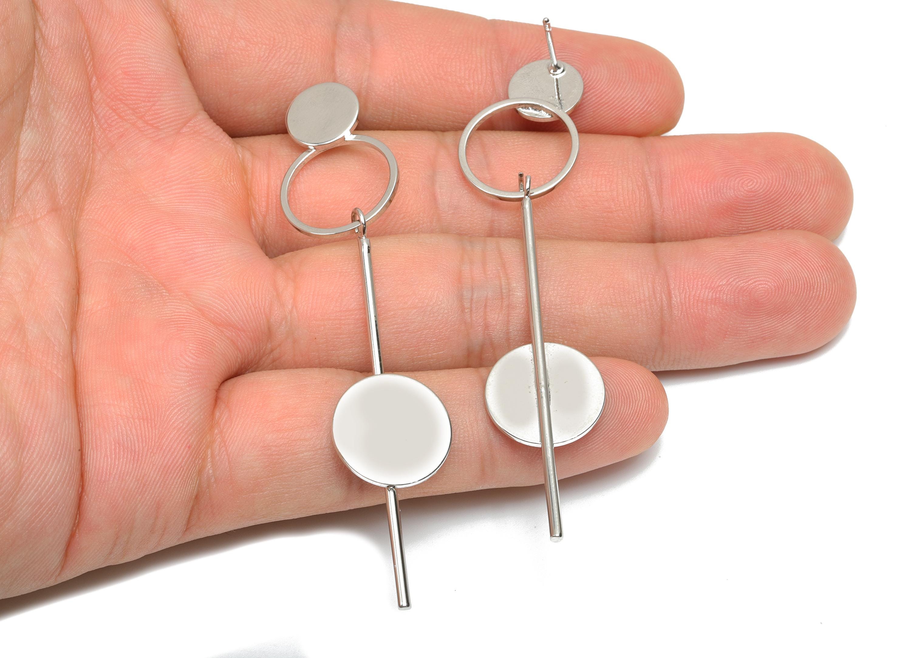Brass Round Dangle Earring Post - Brass Double Circle Earring Stud - Stick Earring Post - 18K Real White Gold Plating - 70x15x16mm -RGP8059 - DOMEDBAZAAR