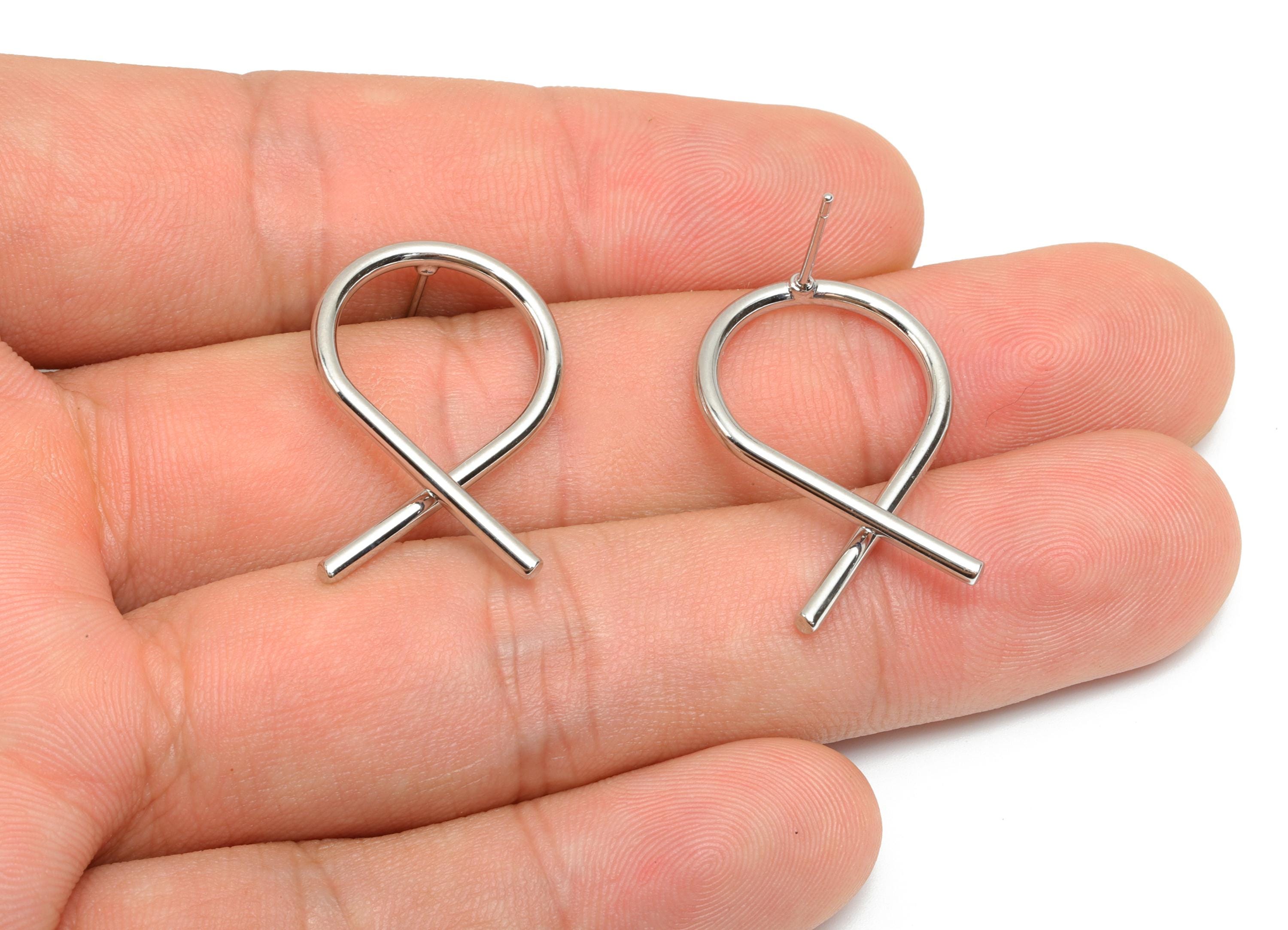 Brass Cross Earring Post - Brass Wire Earring Post - Brass Twisted Wire Earring Post - 18K Real White Gold Plating - 28x18x1.82mm - RGP8063 - DOMEDBAZAAR