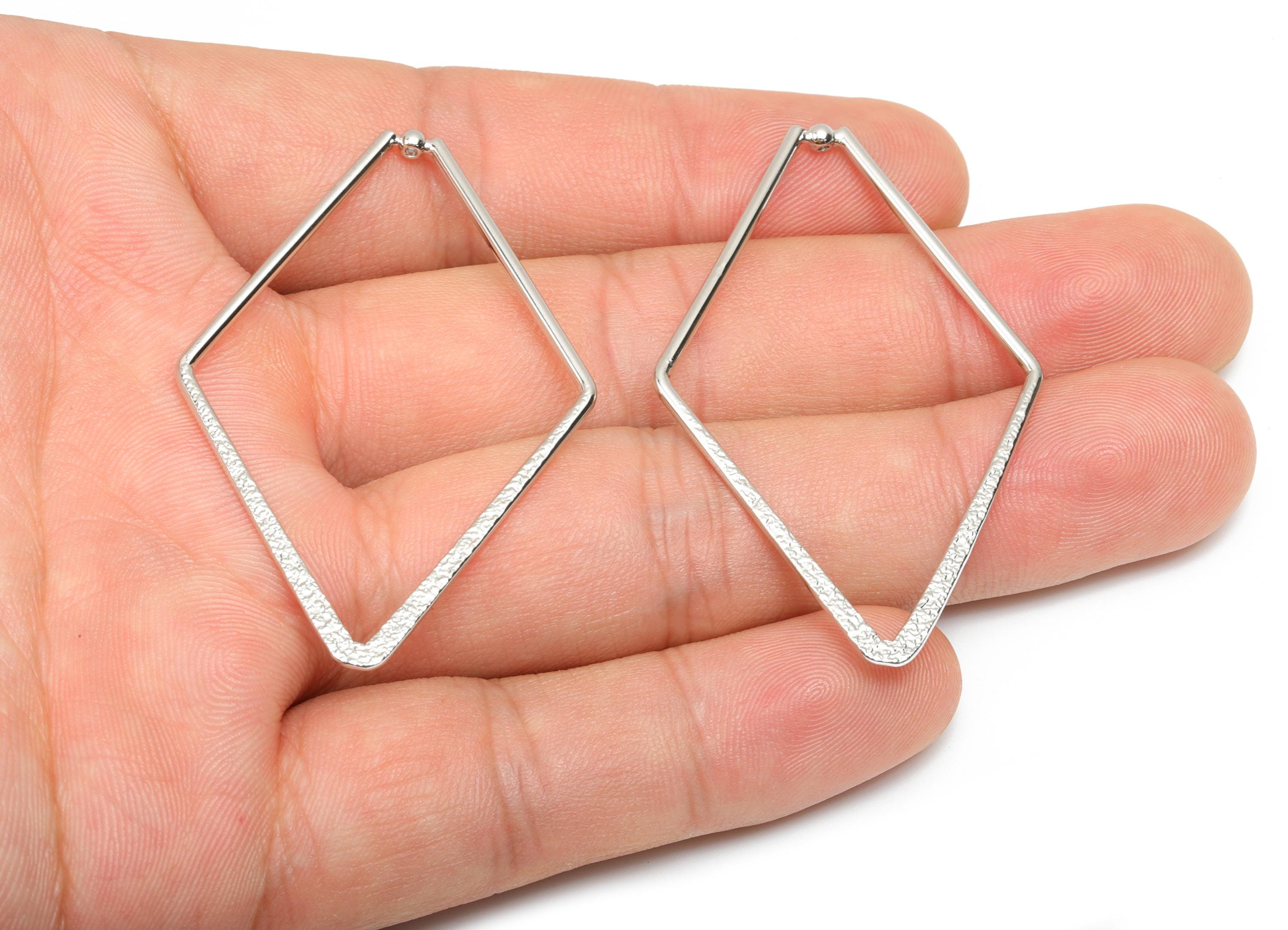 Brass Diamond Earring Charm - Brass Textured Rhombic Earring Charm - Geometry Pendant - 18K Real White Gold Plating - 52x34x1.3mm - RGP8086 - DOMEDBAZAAR