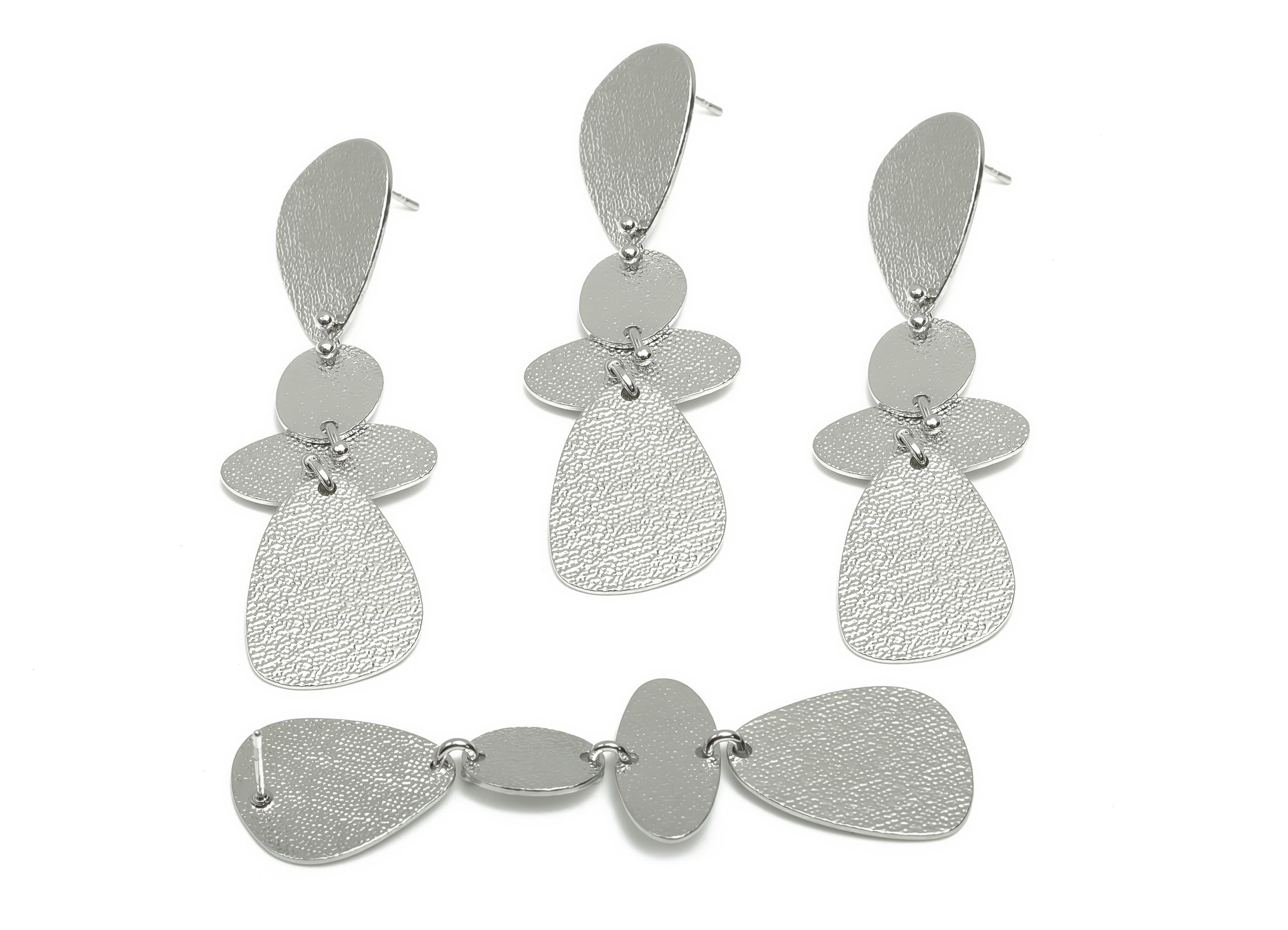 Brass Dangle Earring Stud - Textured Hang Geometry Earring Post - Dangle Earring Post - 18K Real White Gold Plated - 66x20x0.75mm - RGP8075 - DOMEDBAZAAR