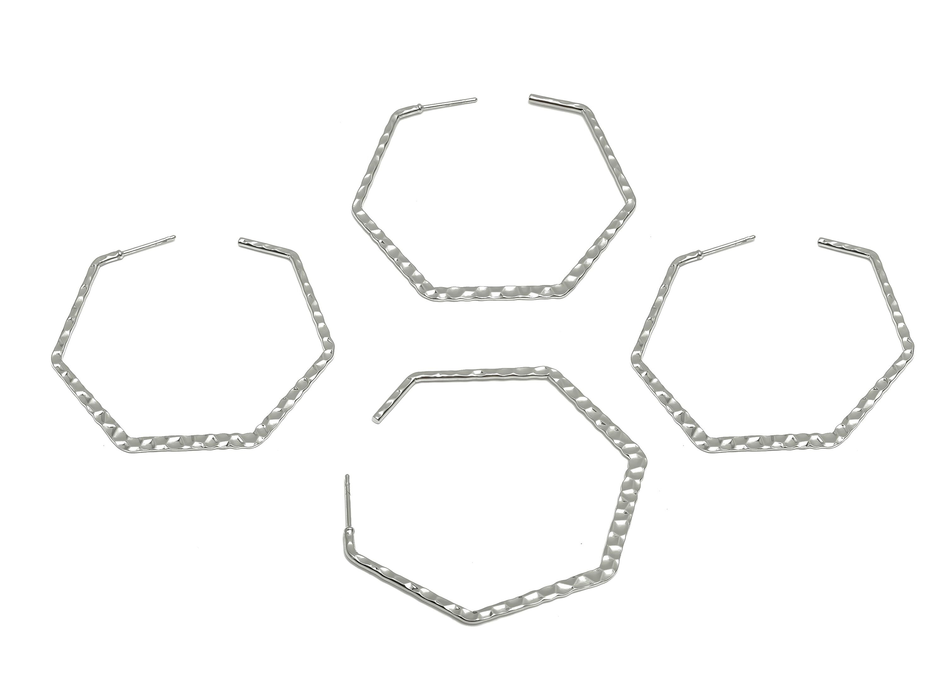 Brass Hexagon Earring Stud - Brass Hammered Earring Post - Geometry Hoop Earring Post - 18K Real White Gold Plating - 48x50x1.29mm - RGP8078 - DOMEDBAZAAR