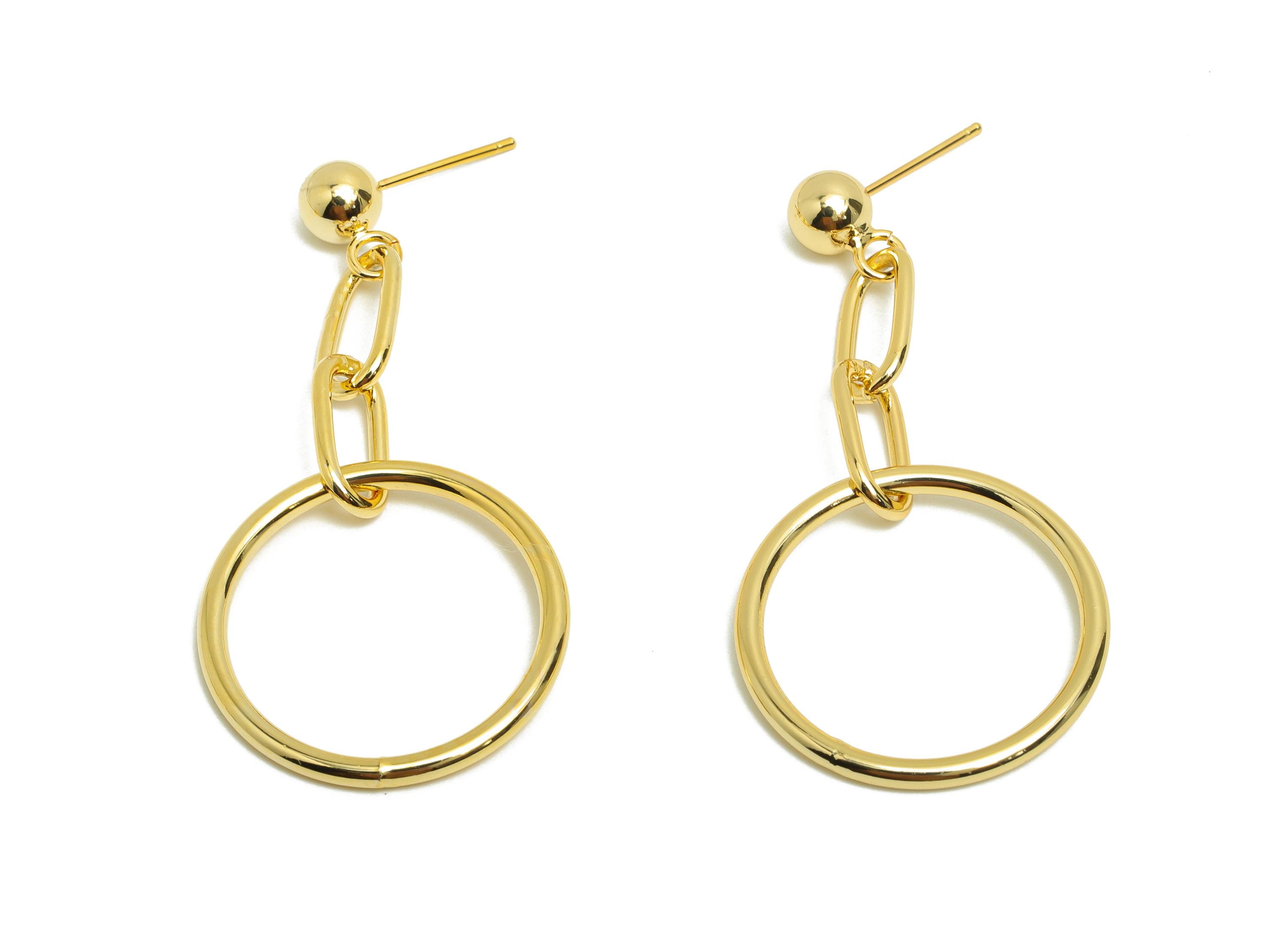 Brass Ball Circle Earring Stud - Rectangle Oval Dangle Earring - Gold Woman's Daily Wear Ear - 18K Real Gold Plated -51.25x25x1.4mm- RGP8696 - DOMEDBAZAAR