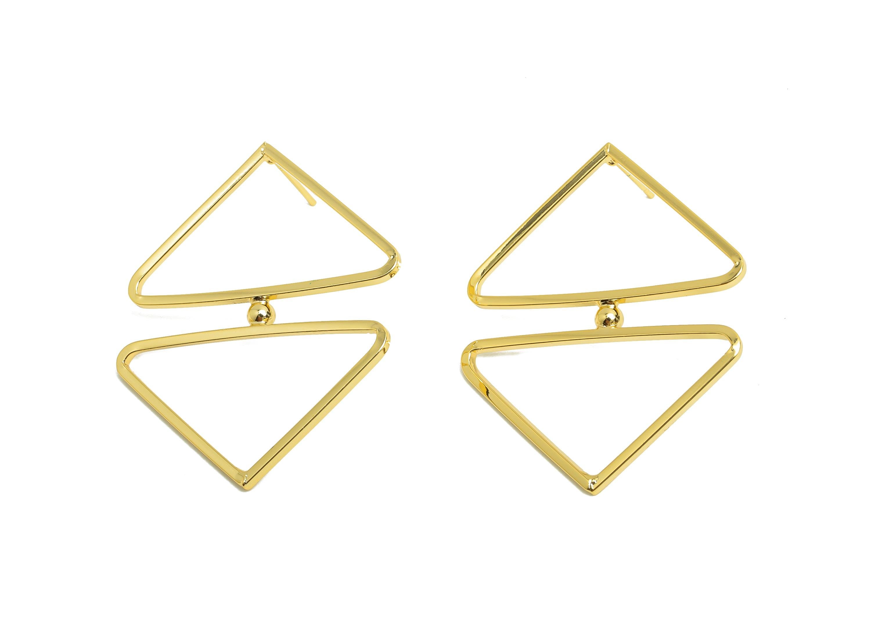 Brass Triangle Earring Stud - Double Triangle Earring for Woman's - Gold Earring Post - 18K Real Gold Plating - 37.55x31.2x1.36mm - RGP8702 - DOMEDBAZAAR