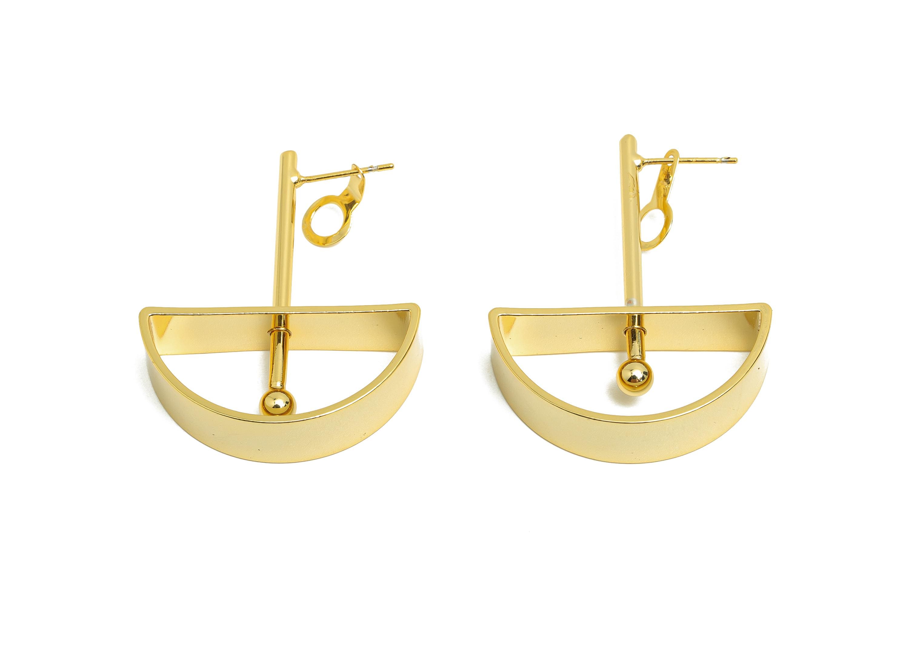 Brass Bar Earring Stud - Semicircle Earring Post for Woman's - Gold Daily Wear Earring - 18K Real Gold Plating - 44.04x30.06x7.99mm -RGP8704 - DOMEDBAZAAR