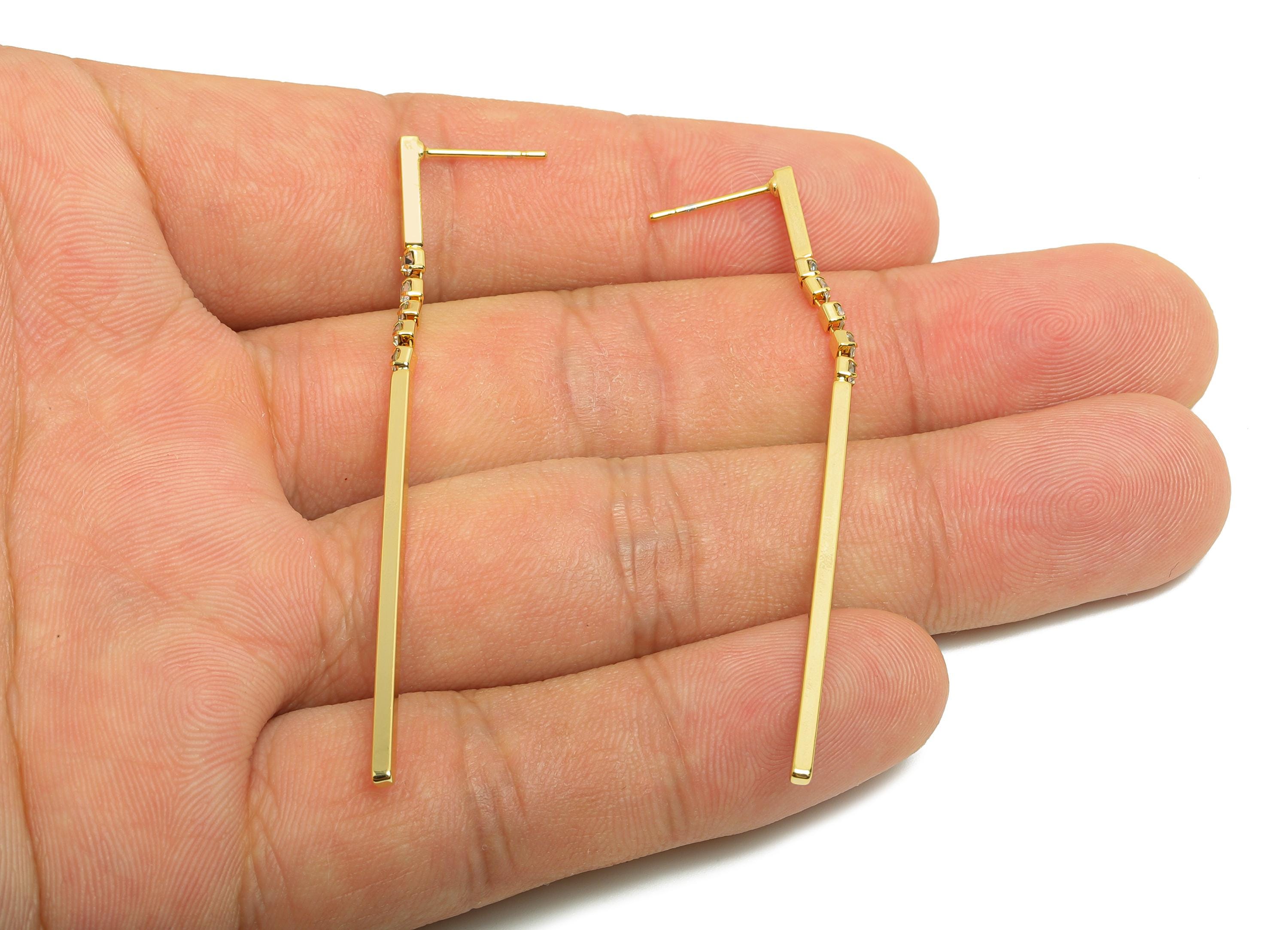 Brass Bar Earring Stud - Zircon Chain Earring Post for Woman's - Gold Daily Wear Dangle Ear - 18K Real Gold Plating-63.5x2.07x1.56mm-RGP8706 - DOMEDBAZAAR