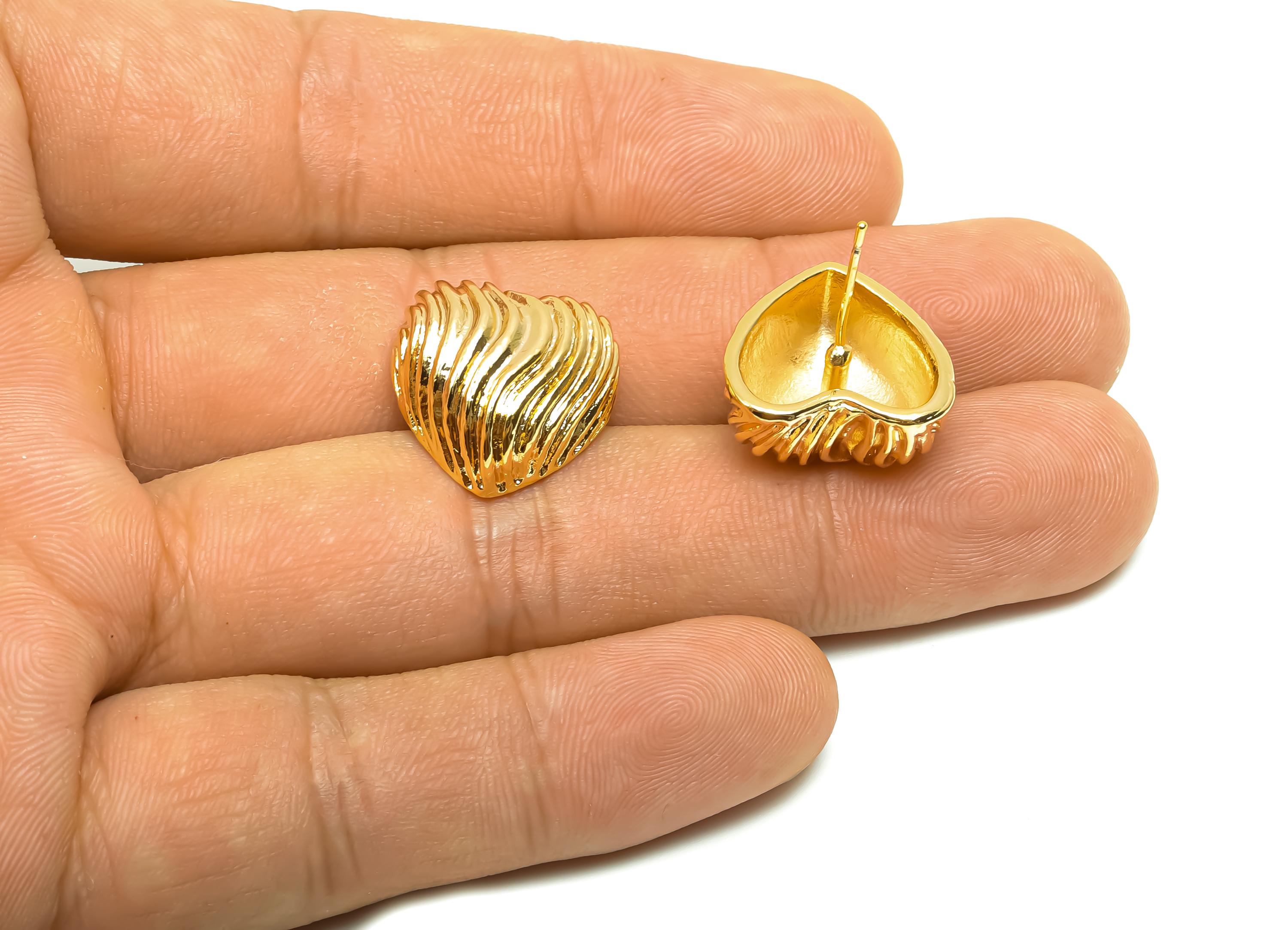 Brass Heart Earring Post - Brass Textured Heart Earring Post - Brass Cubic Heart Earring Post - 18K Real Gold Plating - 17x17x9mm -RGP8325 - DOMEDBAZAAR