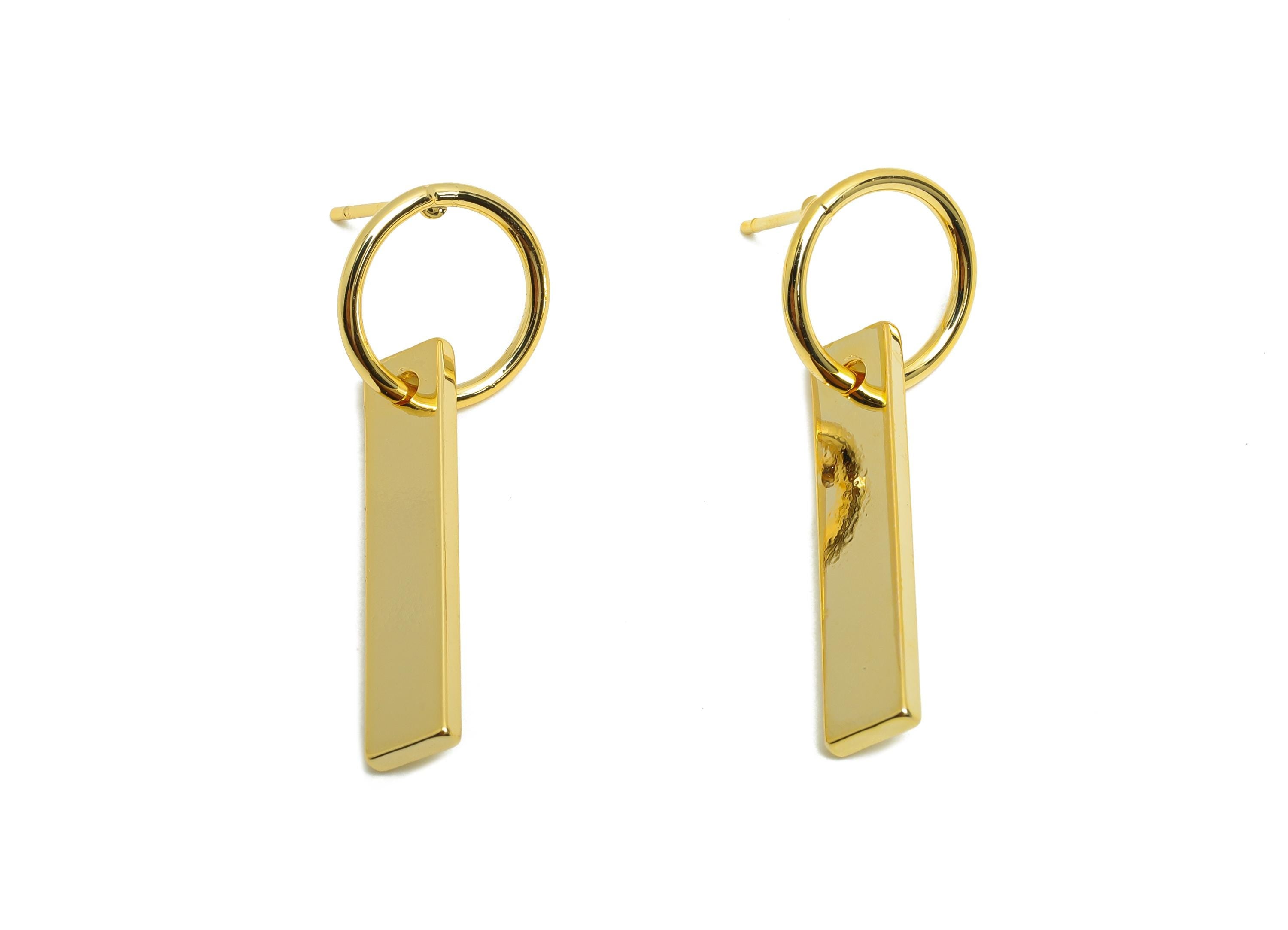 Brass Circle Earring Stud - Gold Earring Post for Woman's - Rectangle Dangle Stud Ear - 18K Real Gold Plating - 33.16x12.13x1.2mm - RGP8722 - DOMEDBAZAAR