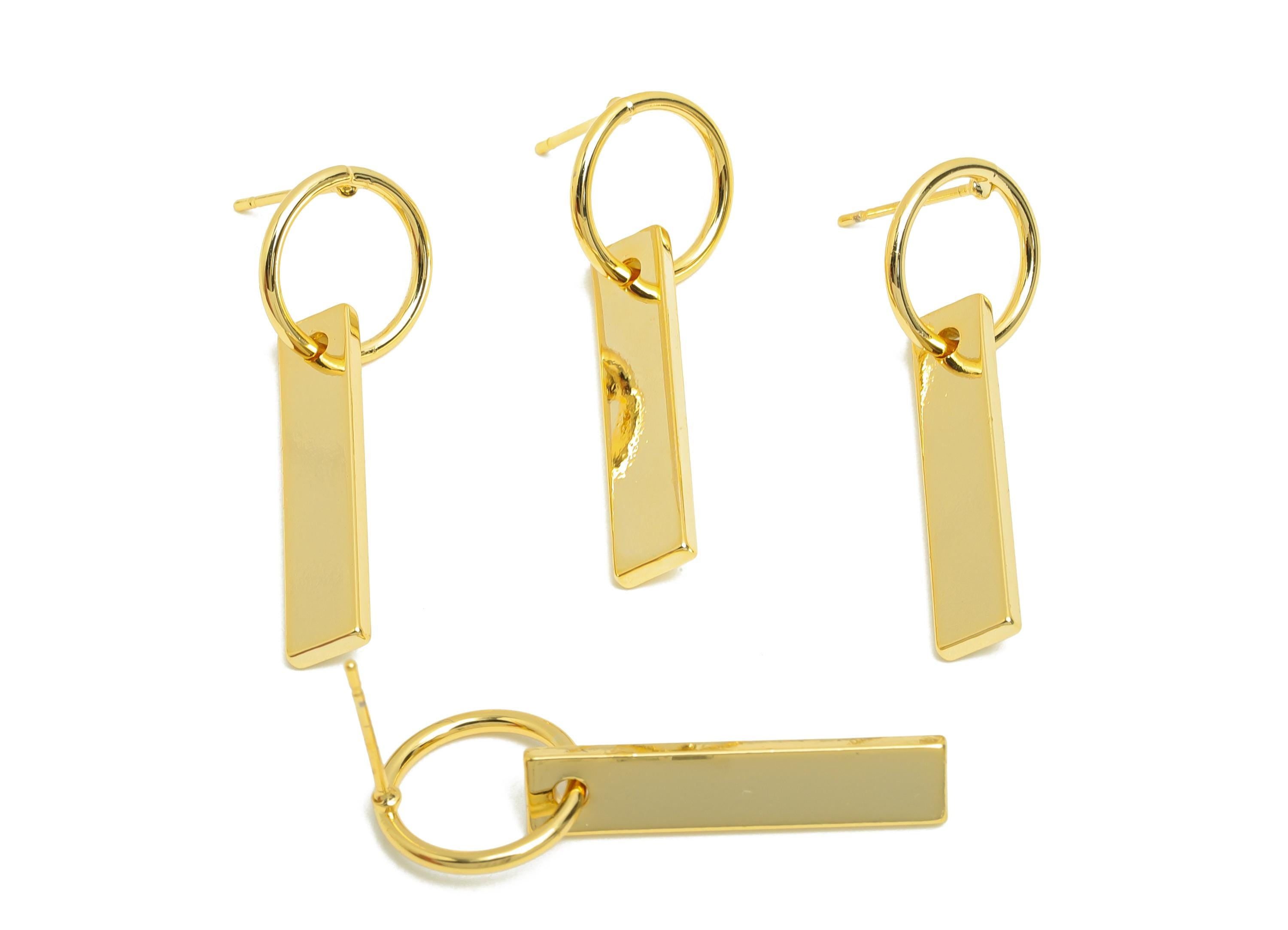 Brass Circle Earring Stud - Gold Earring Post for Woman's - Rectangle Dangle Stud Ear - 18K Real Gold Plating - 33.16x12.13x1.2mm - RGP8722 - DOMEDBAZAAR