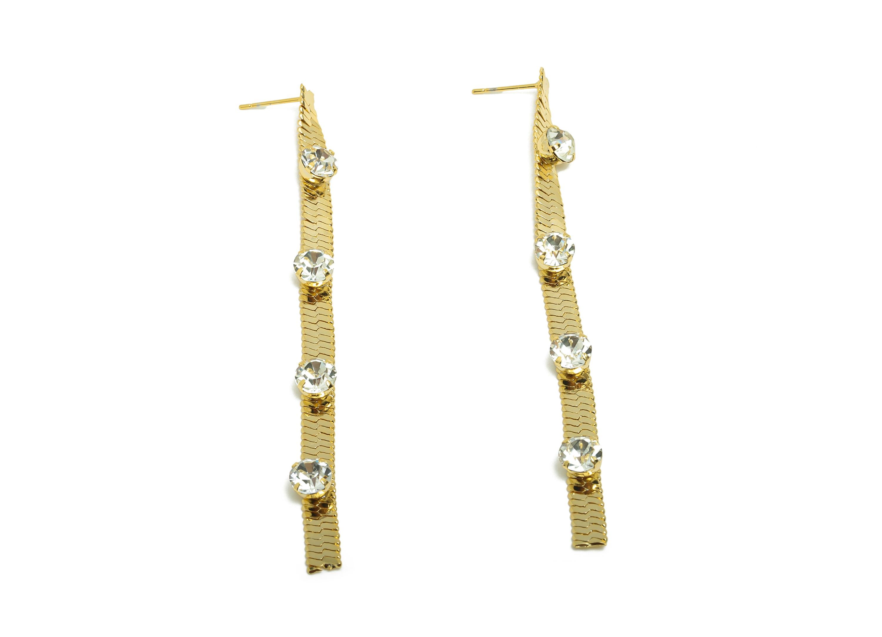 Brass Snake Chain Earring - Round Zircon Earring Post - Gold Woman's Daily Wear Ear Stud - 18K Real Gold Plated- 85.22x5.04x0.74mm - RGP8724 - DOMEDBAZAAR