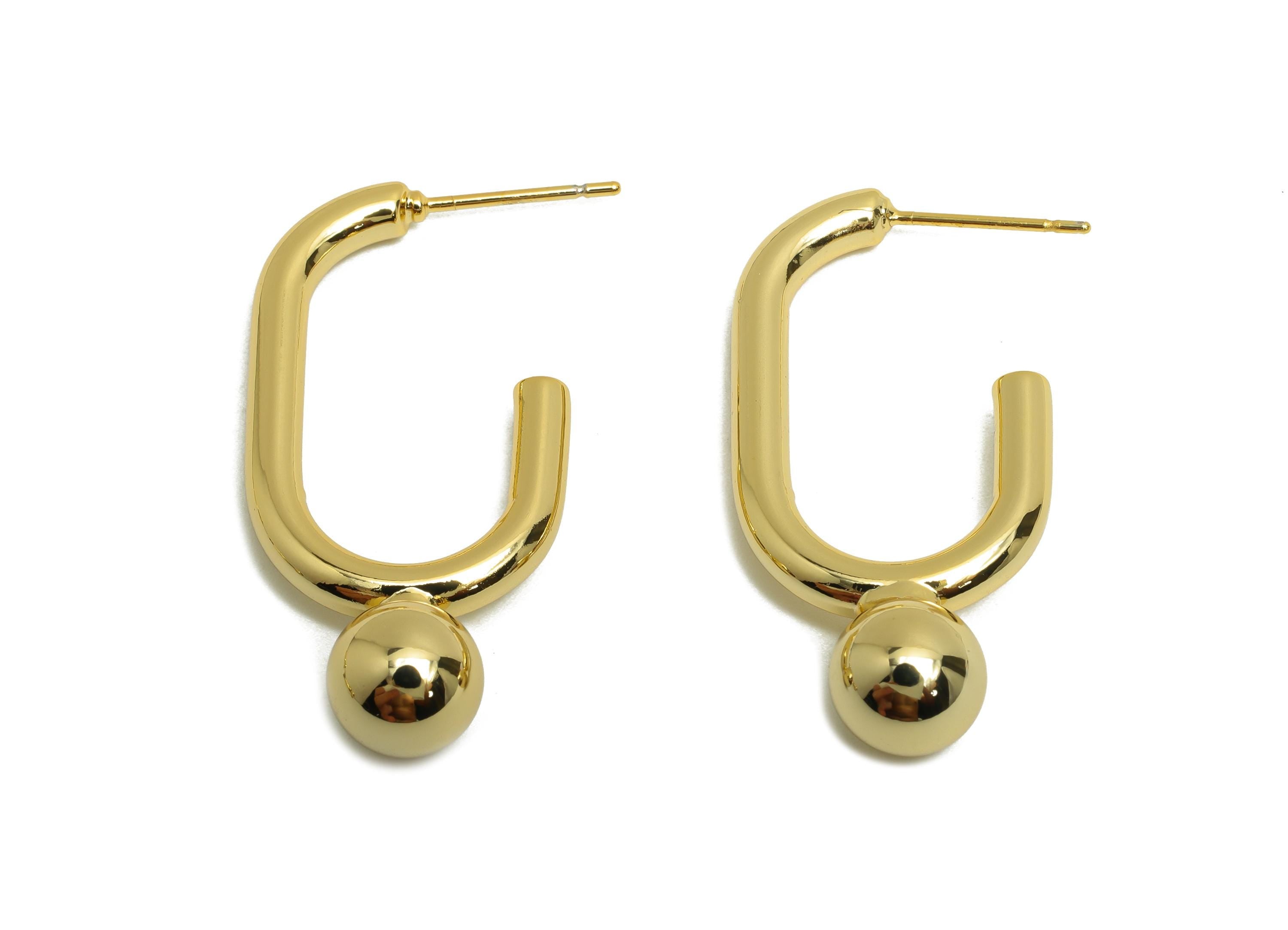 Brass Open Rectangle Earring Stud - Gold Earring Post for Woman's - Ball Stud Earring - 18K Real Gold Plating - 34.73x16.75x3.05mm - RGP8726 - DOMEDBAZAAR