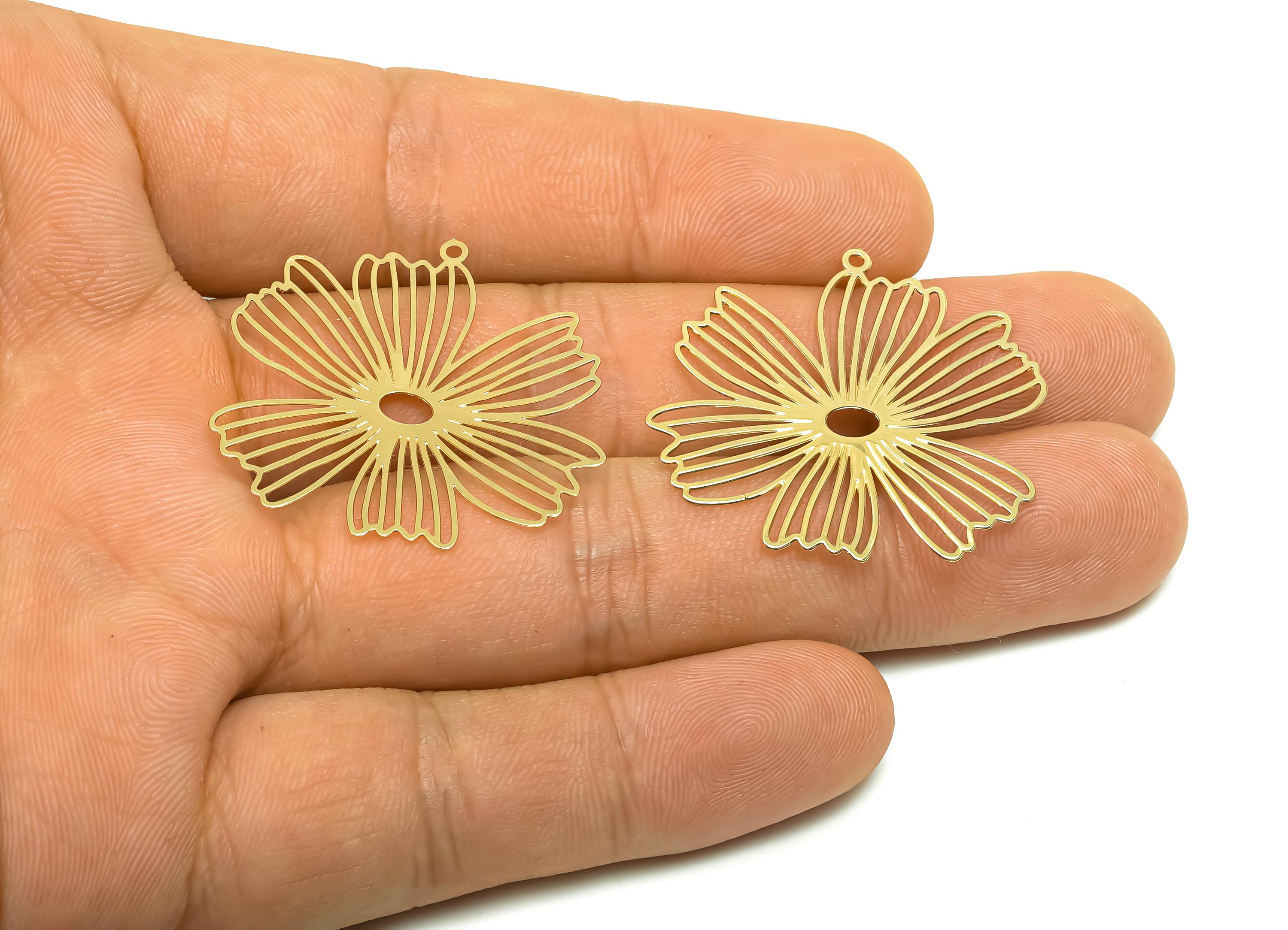 Brass Daisy Earring Charm - Brass Hollow Flower Earring Charm - Brass Gold Botanical Charm - 18K Real Gold Plating - 33x31x0.36mm - RGP8342 - DOMEDBAZAAR