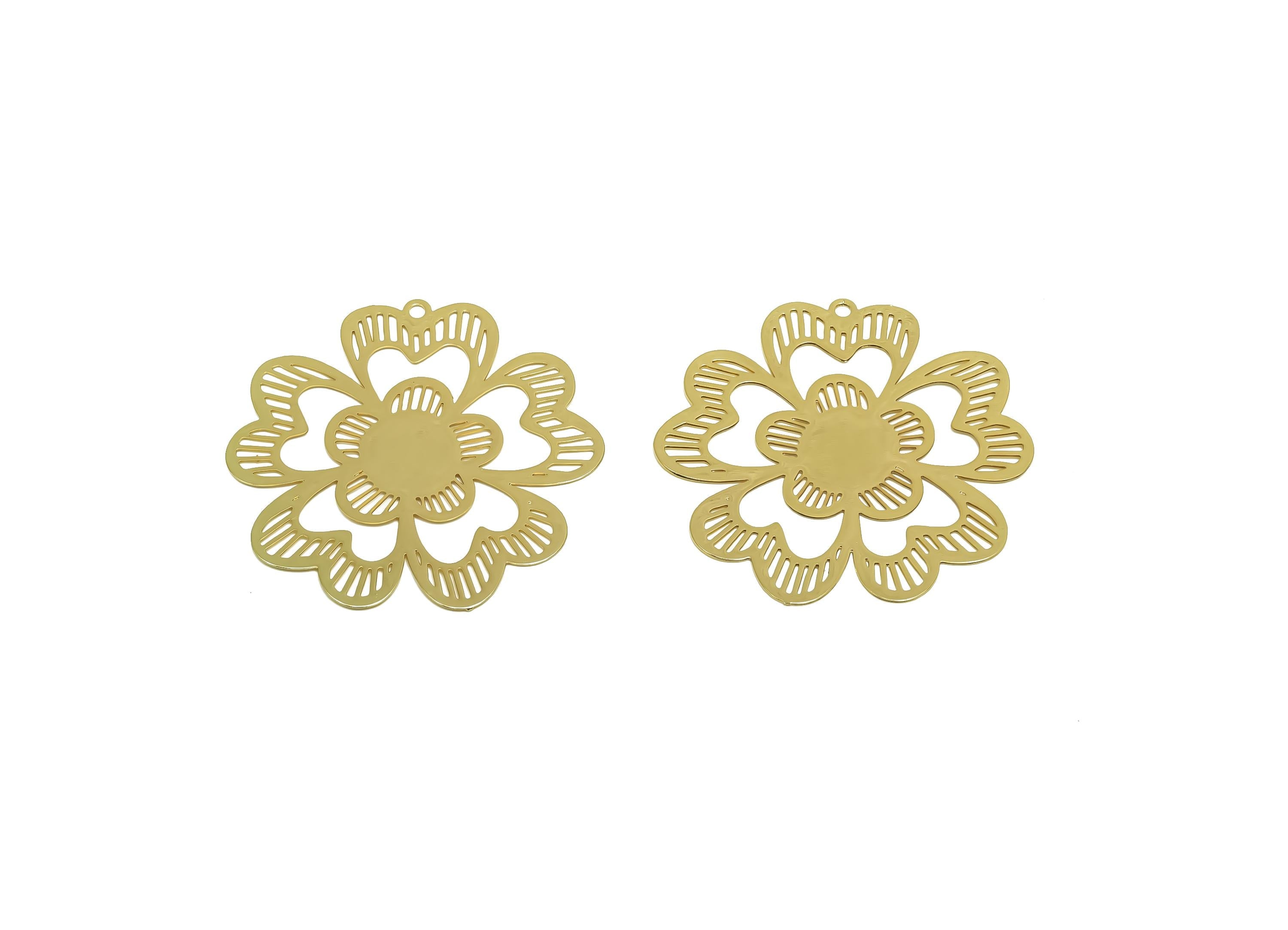 Brass Pattern Earring Charm - Brass Hollow Flower Earring Charm - Brass Botanical Charm - 18K Real Gold Plating - 38x38x0.35mm - RGP8347 - DOMEDBAZAAR