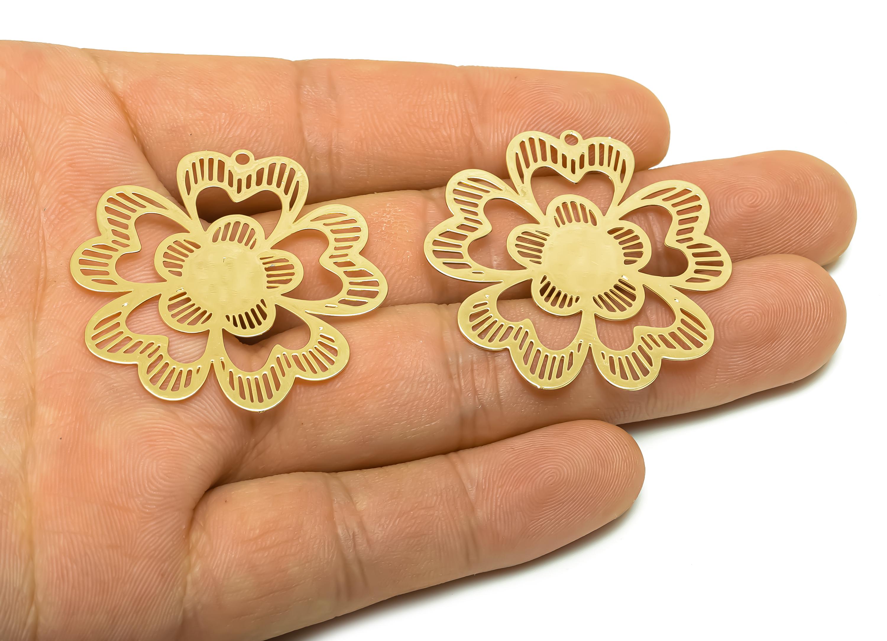 Brass Pattern Earring Charm - Brass Hollow Flower Earring Charm - Brass Botanical Charm - 18K Real Gold Plating - 38x38x0.35mm - RGP8347 - DOMEDBAZAAR