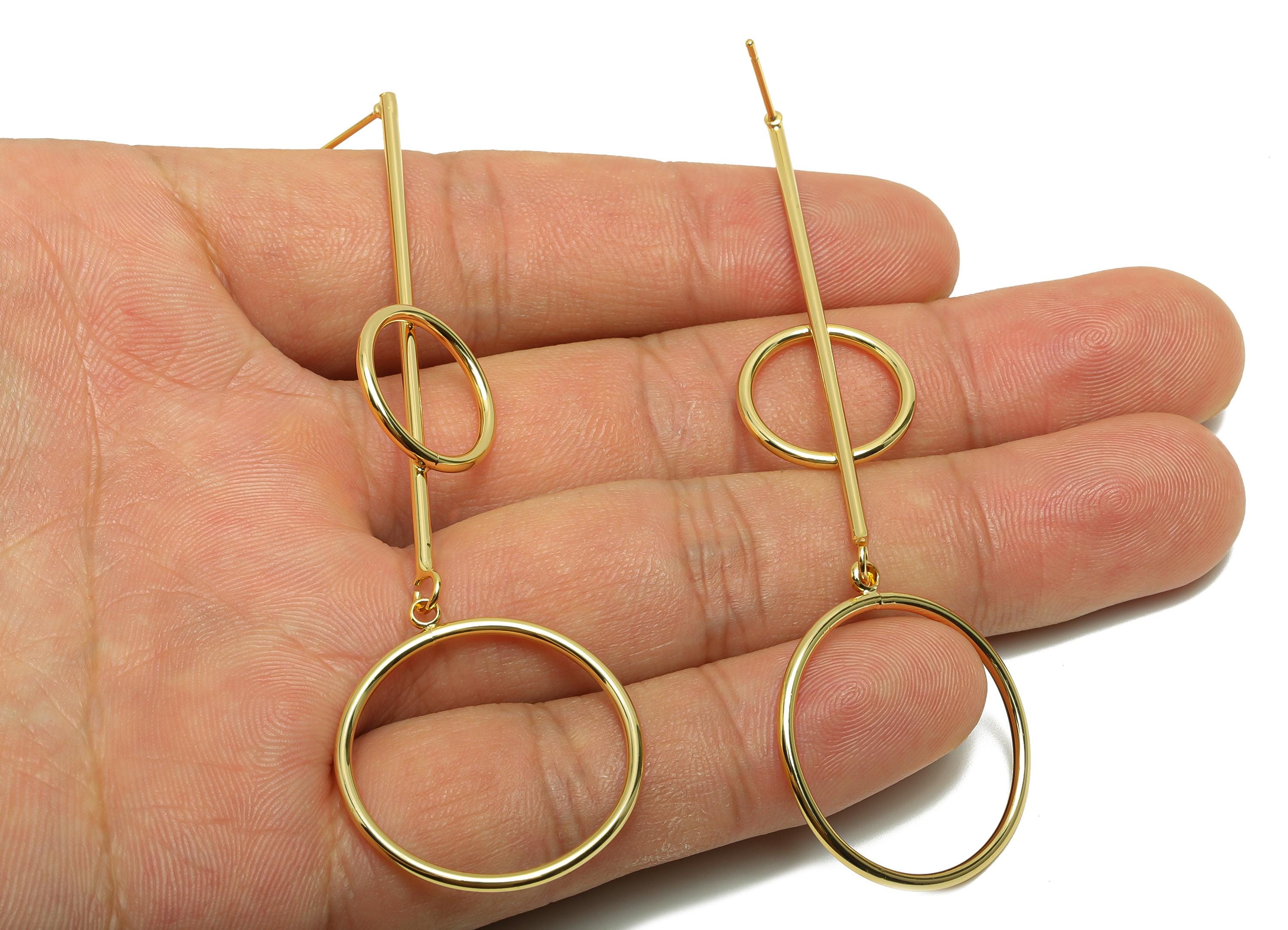 Brass Bar Circle Earring Stud - Long Bar Earring Post for Woman - Gold Hoop Dangle Ear - 18K Real Gold Plating - 78.96x25.9x1.5mm - RGP8745 - DOMEDBAZAAR