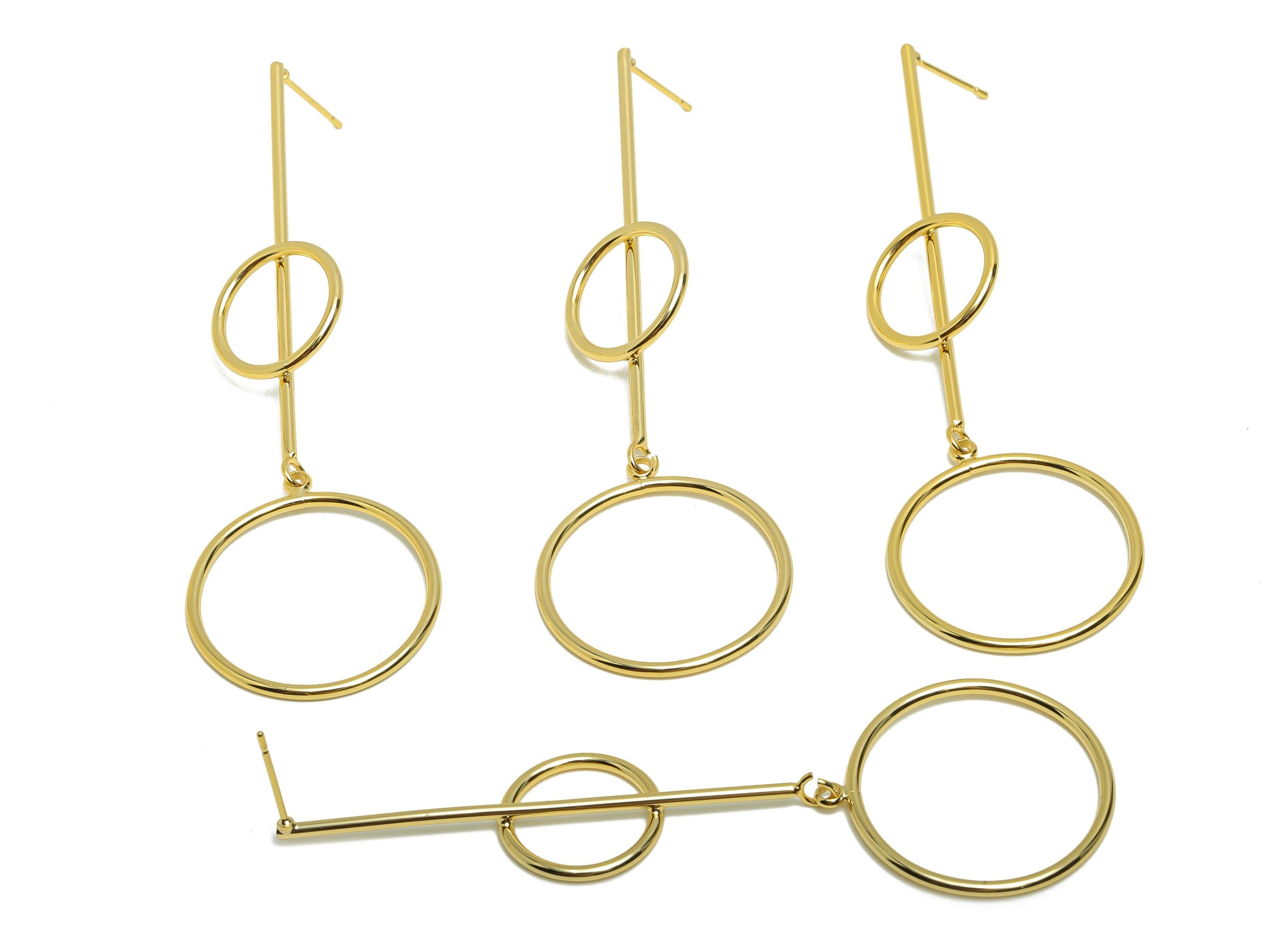 Brass Bar Circle Earring Stud - Long Bar Earring Post for Woman - Gold Hoop Dangle Ear - 18K Real Gold Plating - 78.96x25.9x1.5mm - RGP8745 - DOMEDBAZAAR