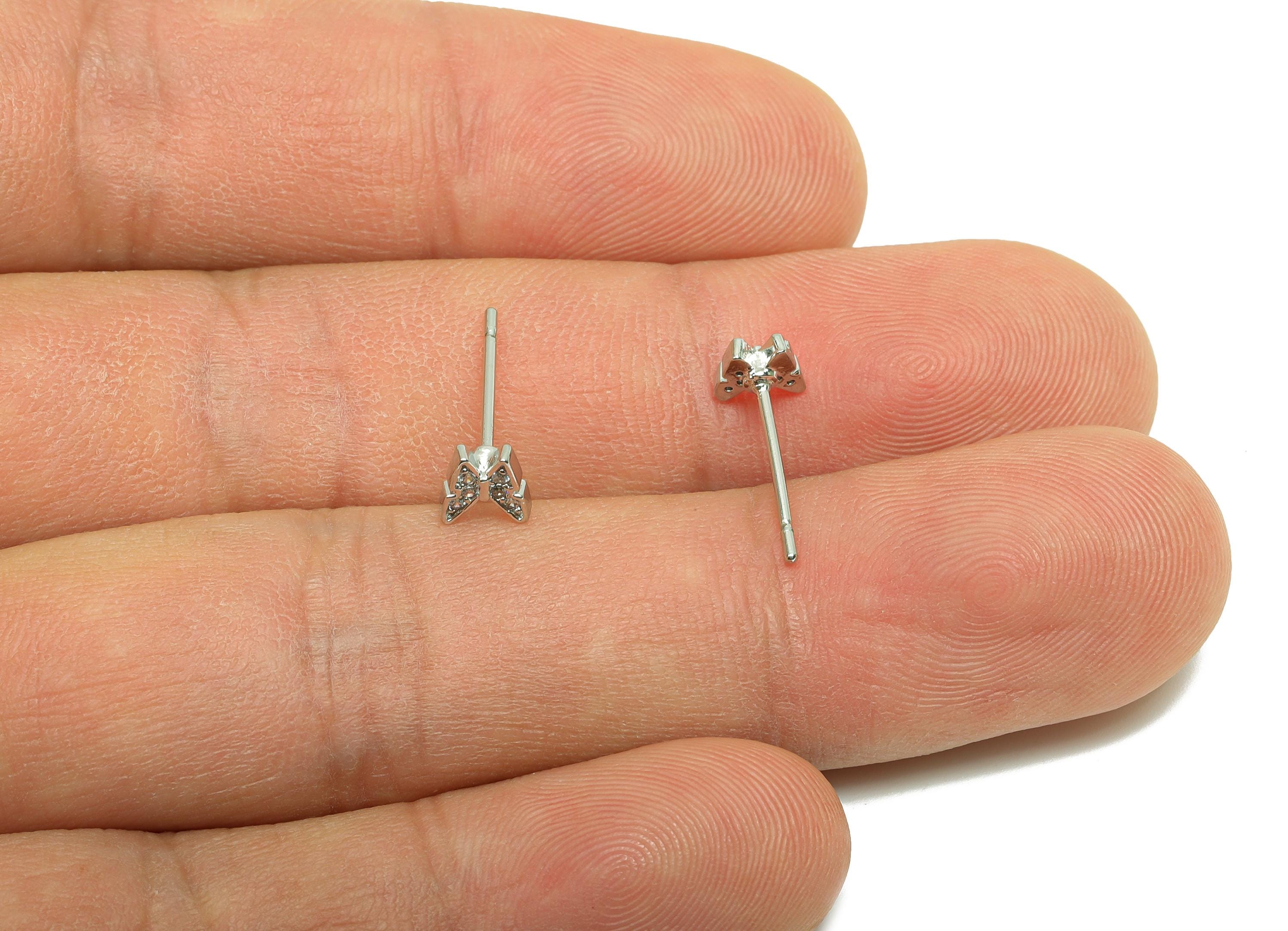 Brass CZ Earring Post - Brass Butterfly Earring Stud - Brass Cubic Zircon Earring Post - 18K Real White Gold Plating - 13x4.9x1mm - RGP8226 - DOMEDBAZAAR