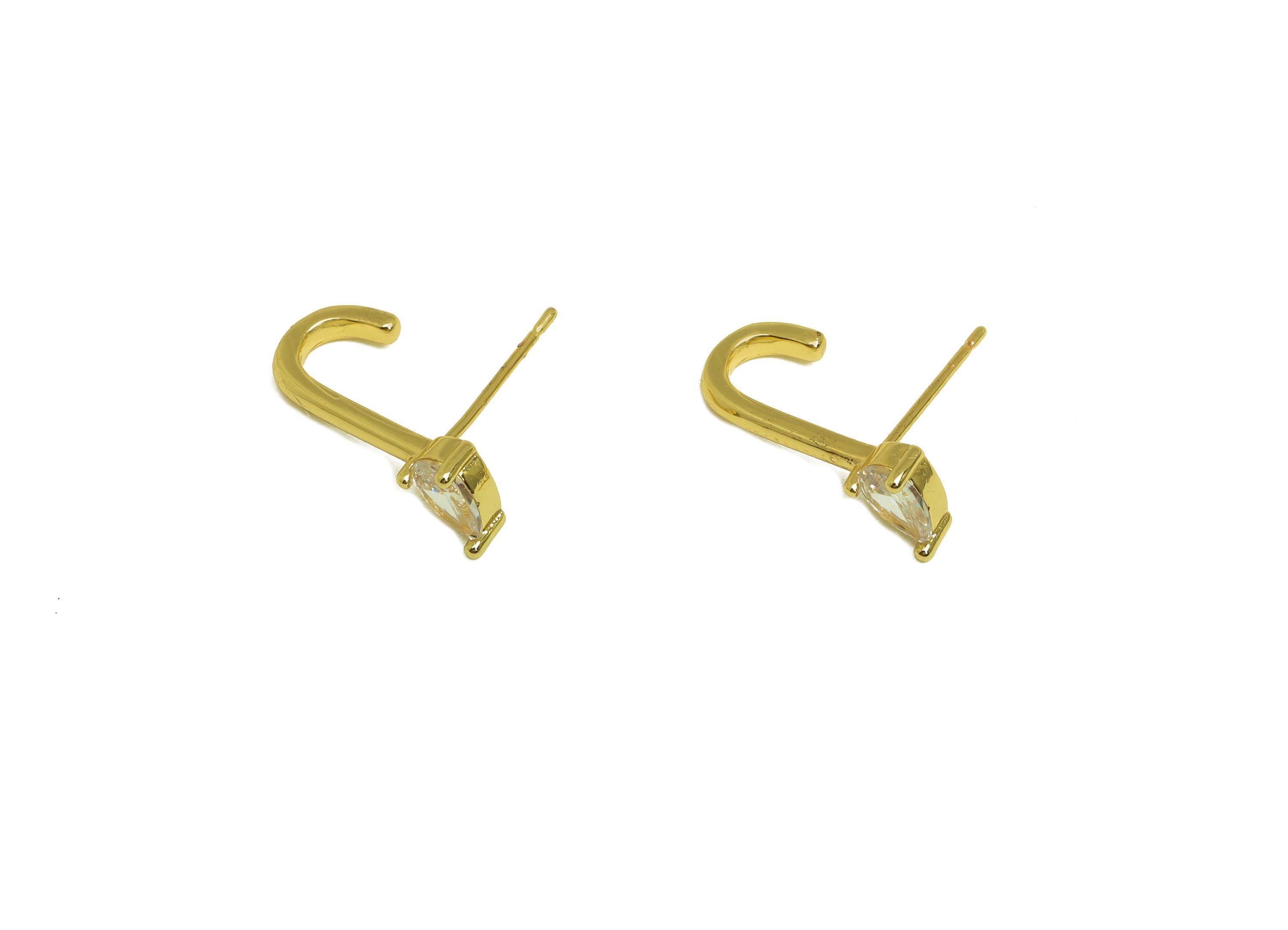 Brass J Earring Stud - Teardrop Zircon Earring Post - Gold Cubic Zircon Drop J Earring - 18K Real Gold Plating - 15.4x17.68x3.27mm - RGP7992 - DOMEDBAZAAR