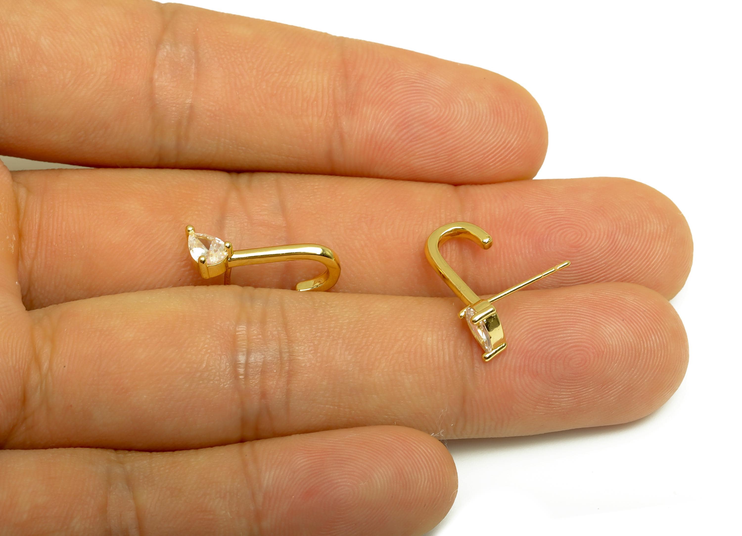 Brass J Earring Stud - Teardrop Zircon Earring Post - Gold Cubic Zircon Drop J Earring - 18K Real Gold Plating - 15.4x17.68x3.27mm - RGP7992 - DOMEDBAZAAR
