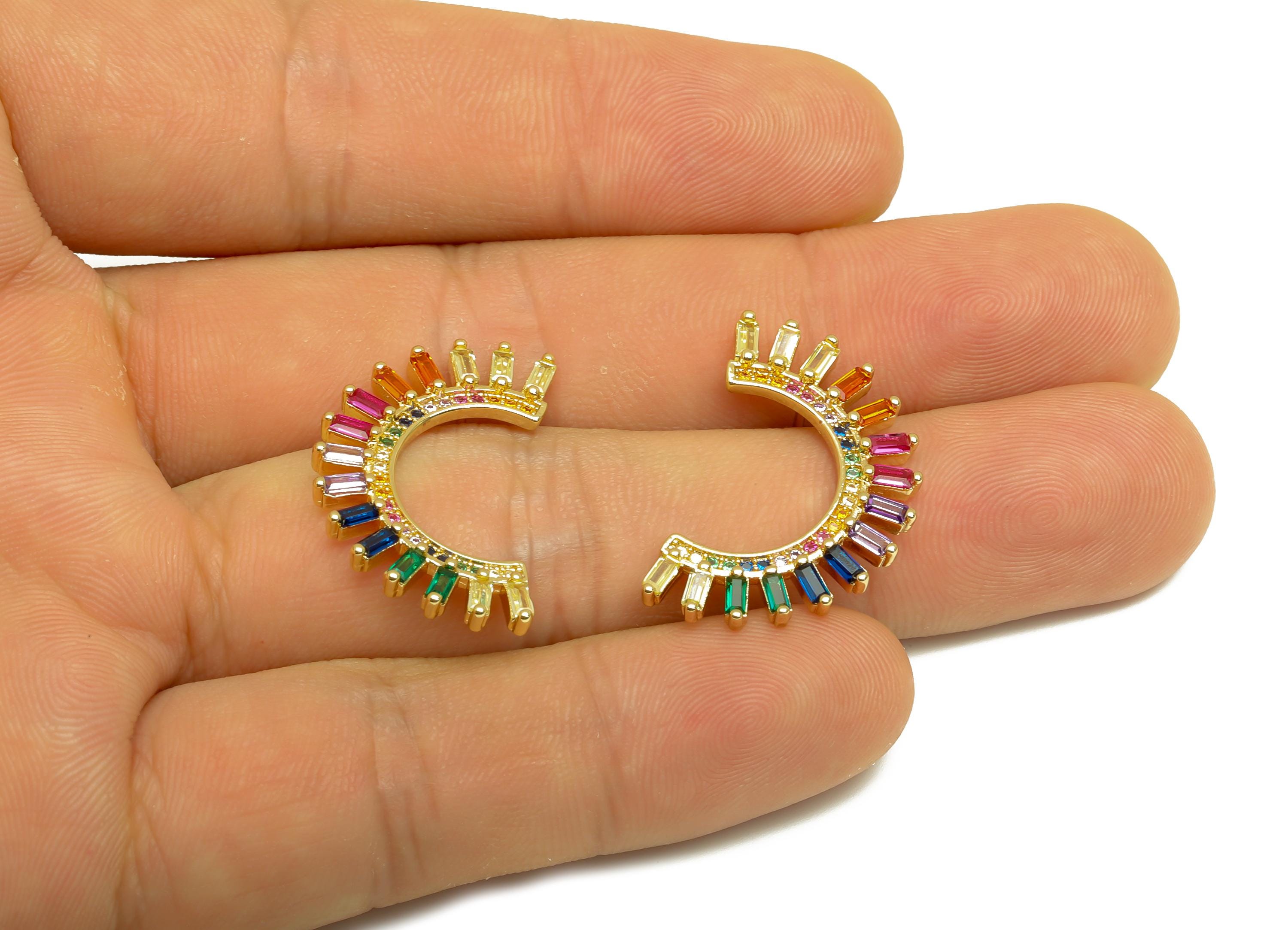 Brass Semicircle Earring Post - Gold Zircon Rainbow Earring - CZ Semicircle Earring Stud - 18K Real Gold Plated -14.73x26.46x2.54mm- RGP7993 - DOMEDBAZAAR