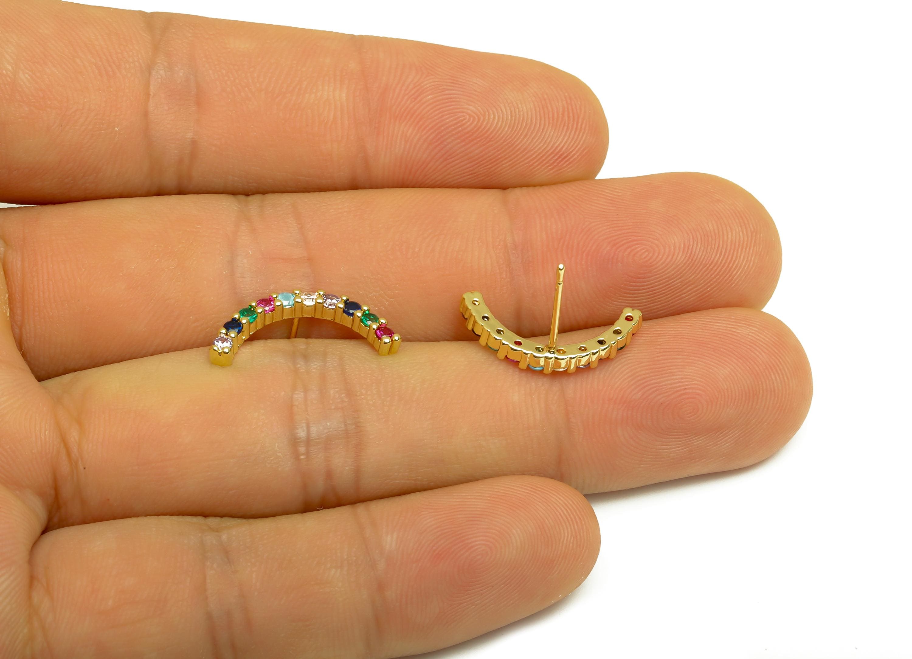 Brass Colorful Earring Post - Gold Colorful Zircon Earring - CZ Curved Bar Earring Stud - 18K Real Gold Plated- 14.45x19.39x2.48mm - RGP7995 - DOMEDBAZAAR