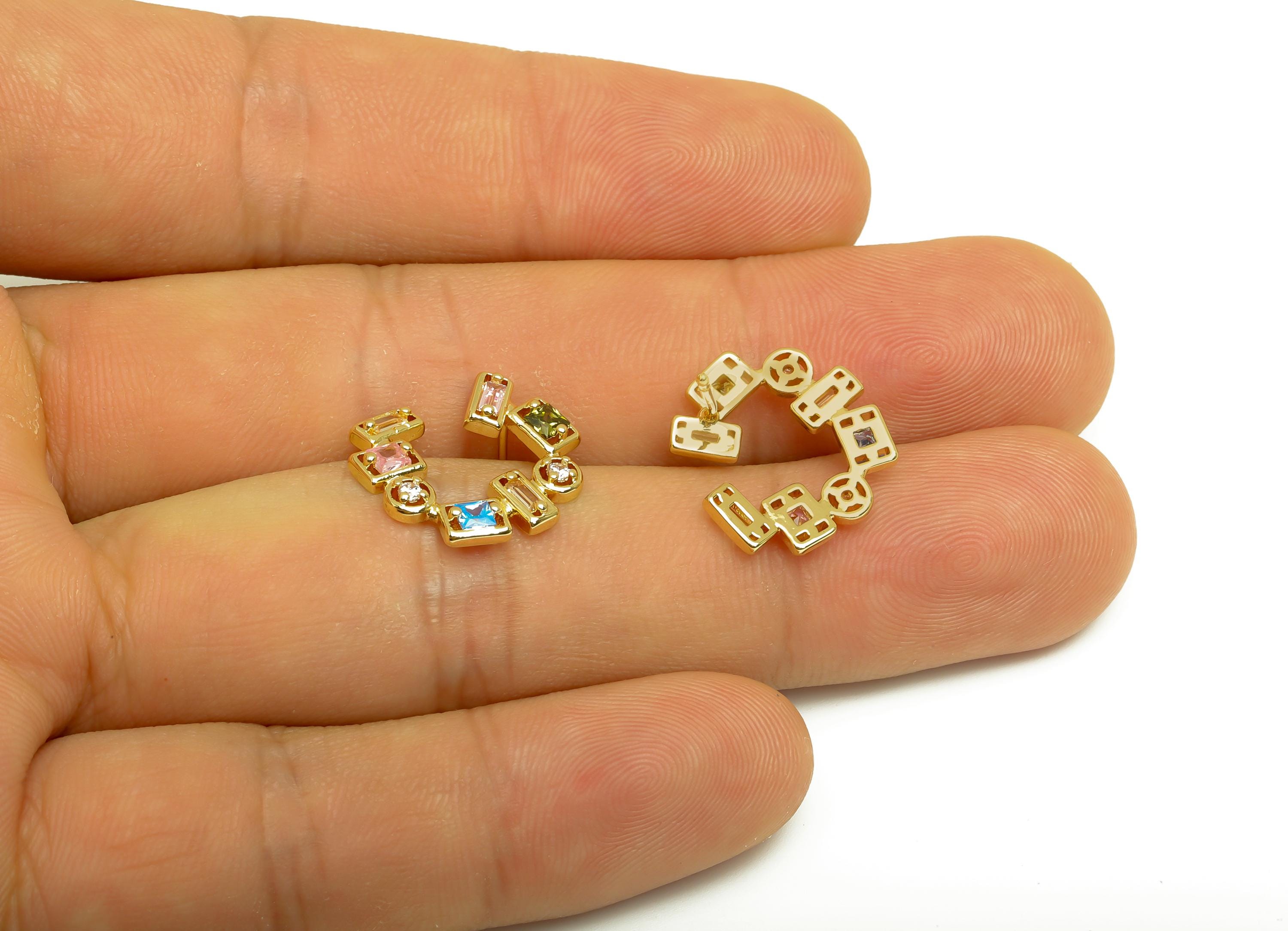 Brass Round Earring - Gold Colorful Zircon Earring Stud - CZ Round Geometry Ear Post - 18K Real Gold Plating - 14.41x16.41x2.26mm - RGP7997 - DOMEDBAZAAR