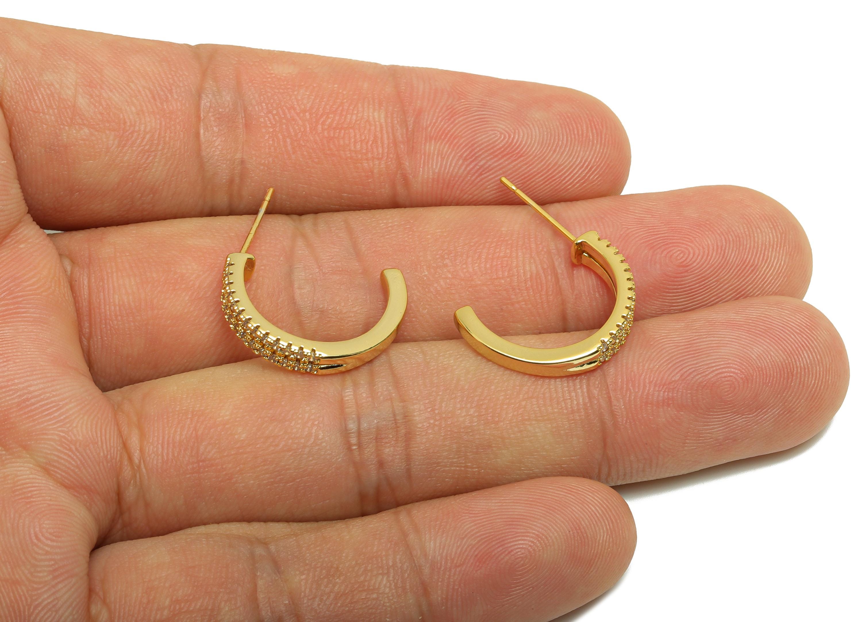 Brass C Hoop Earring Stud - Gold Cubic Zircon Earring for Woman's - Semicircle Earring Post - 18K Real Gold Plating - 25x20x3.6mm - RGP8751 - DOMEDBAZAAR